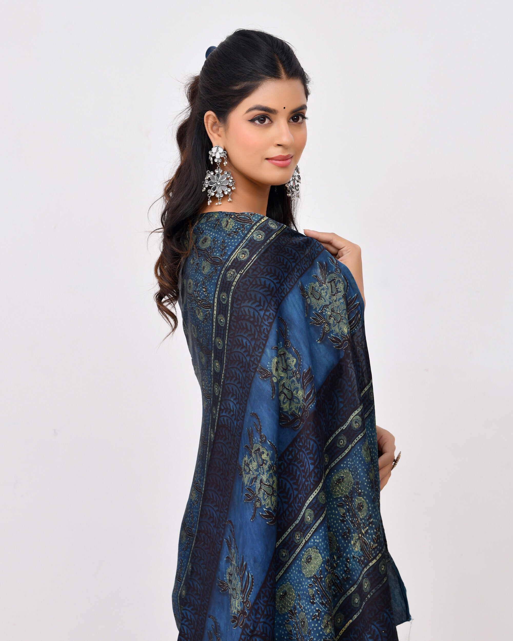 Rajnesa Traditional Block Print Modal Silk Saree - Indigo & Black