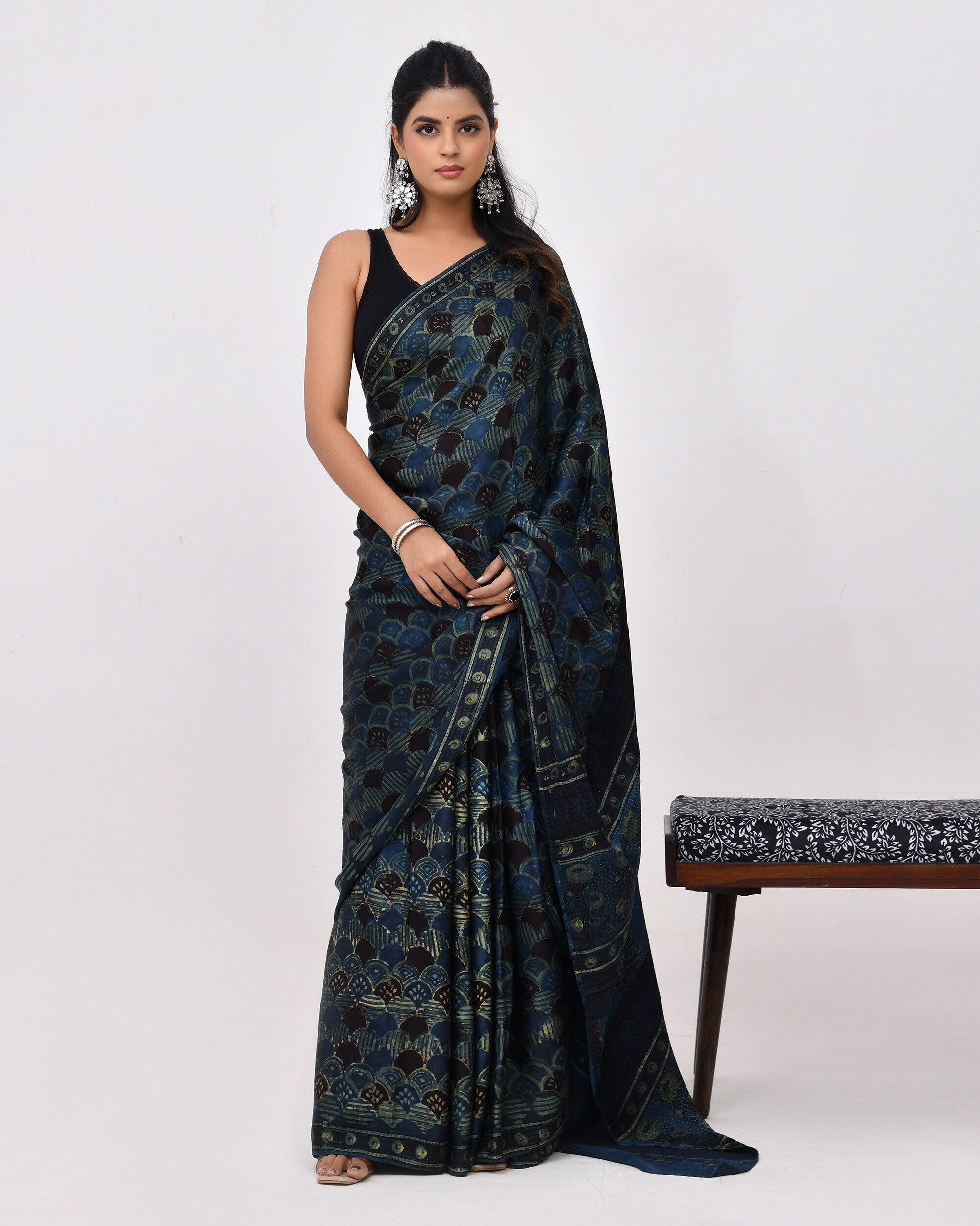 Rajnesa Traditional Block Print Modal Silk Saree - Indigo & Black