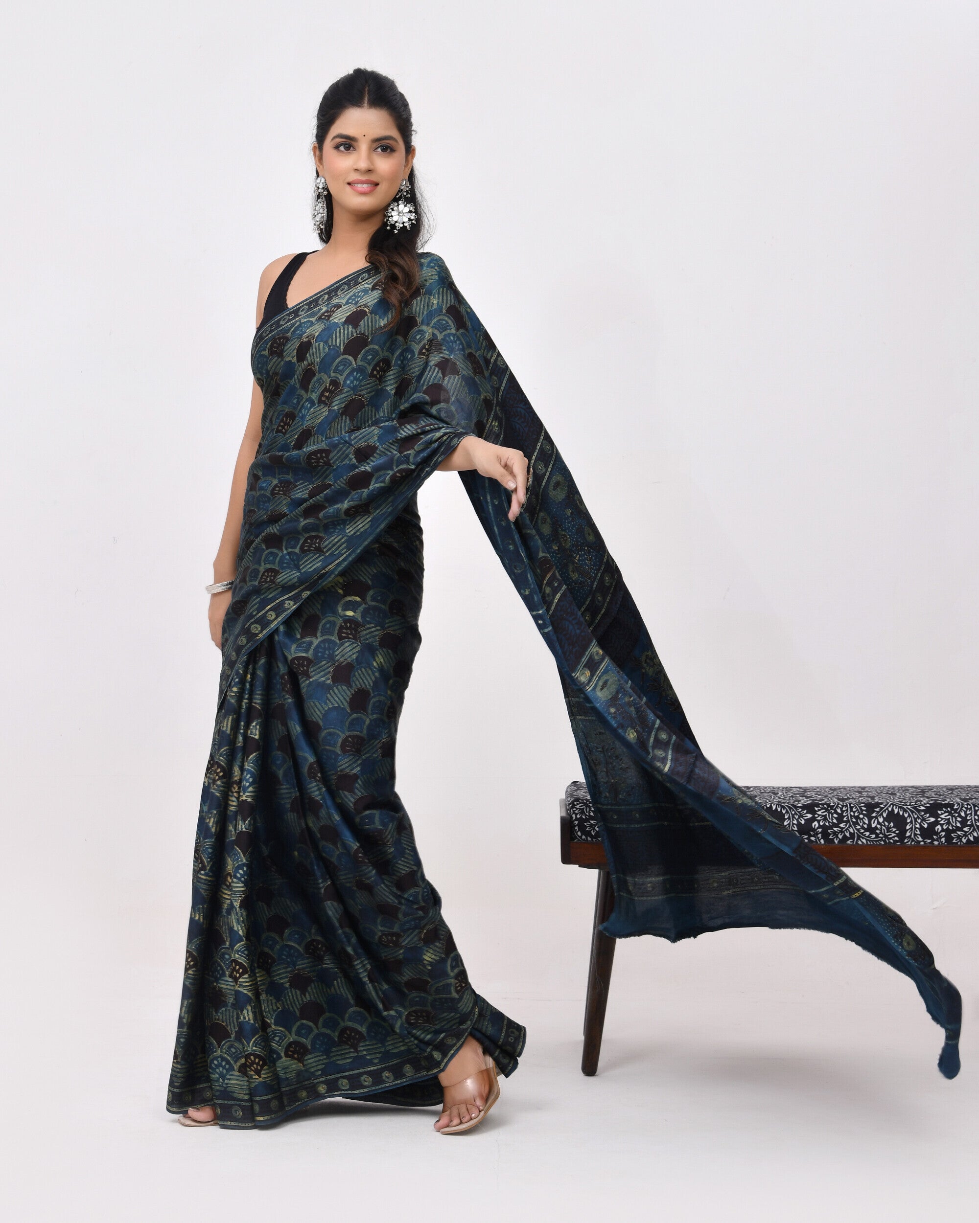 Rajnesa Traditional Block Print Modal Silk Saree - Indigo & Black