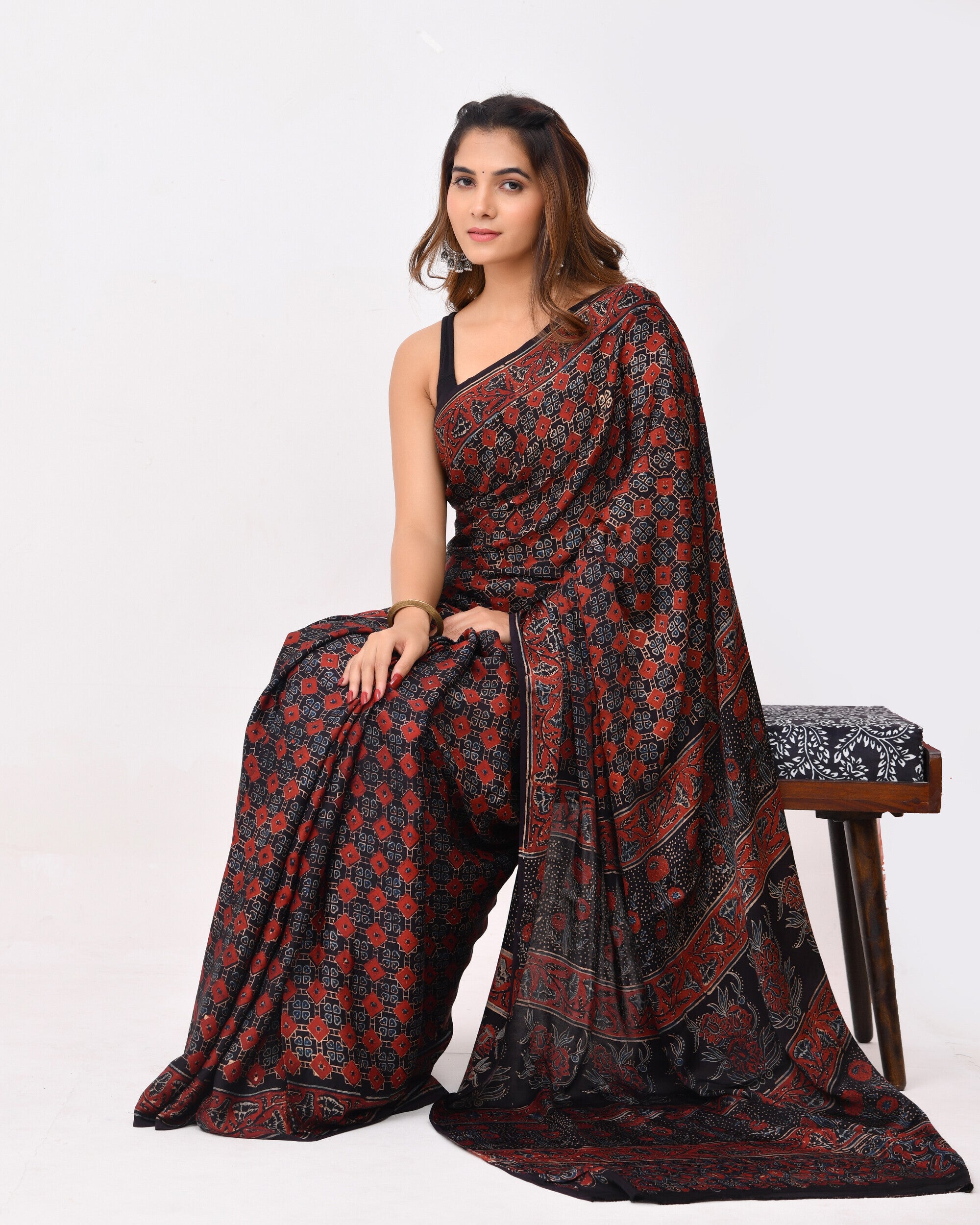Rajnesa Traditional Block Print Modal Silk Saree - Maroon & Black
