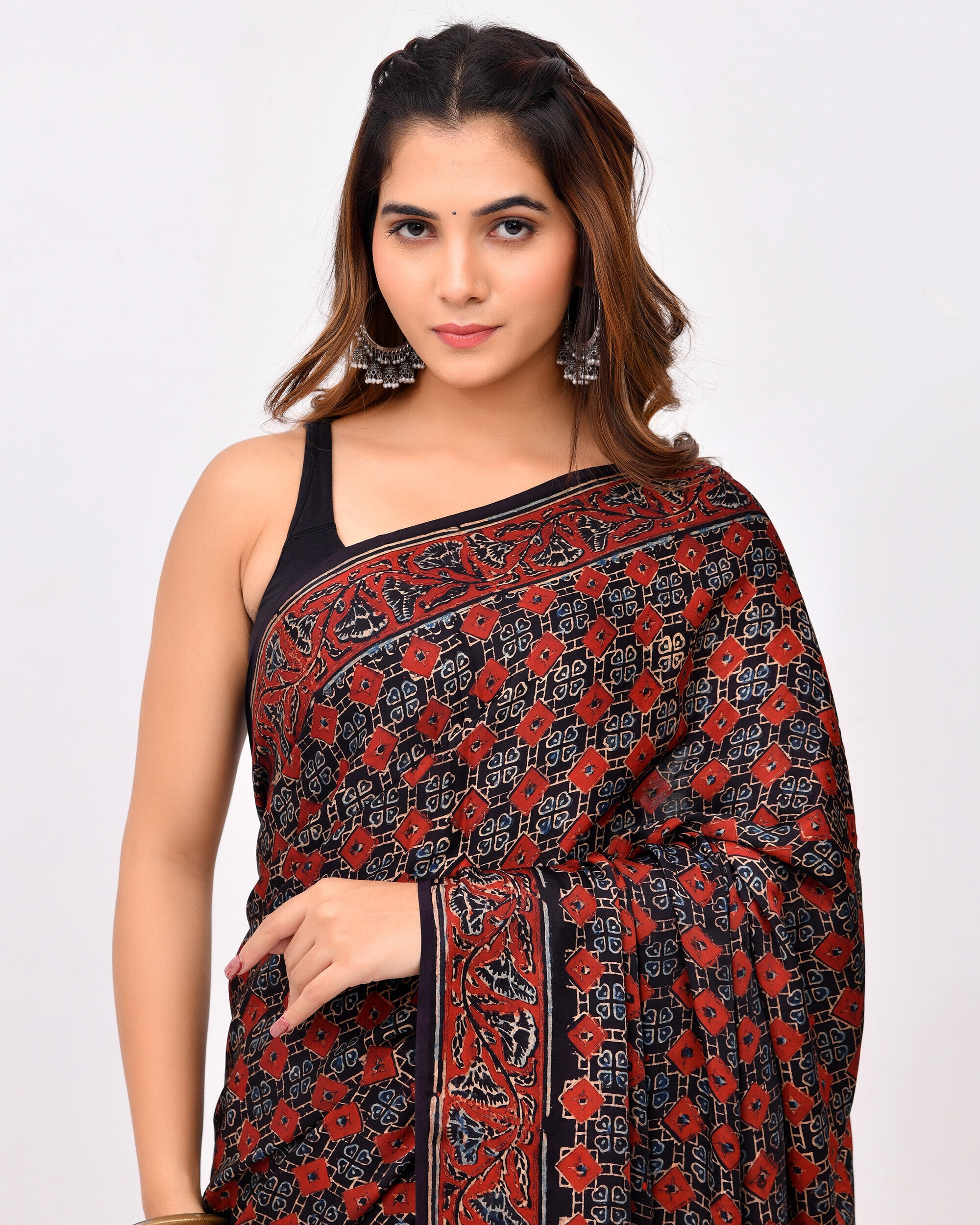 Rajnesa Traditional Block Print Modal Silk Saree - Maroon & Black