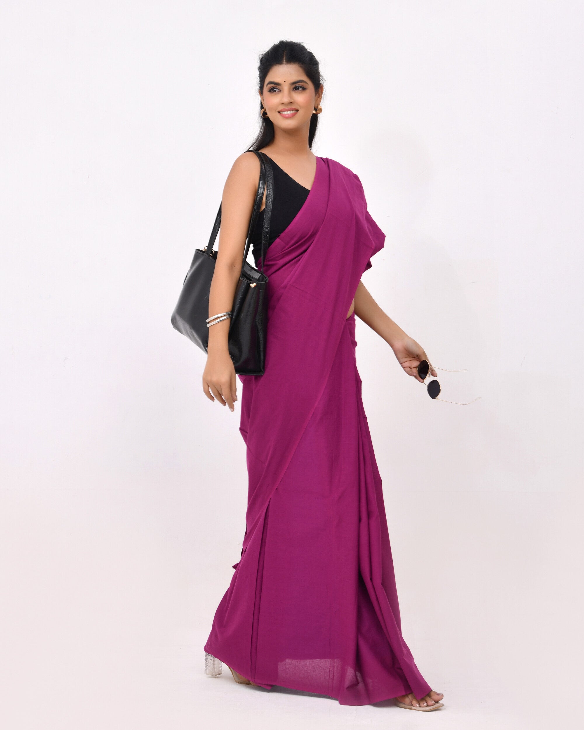 Rajnesa Plum Purple Plain Cotton Mulmul Saree - Without Blouse