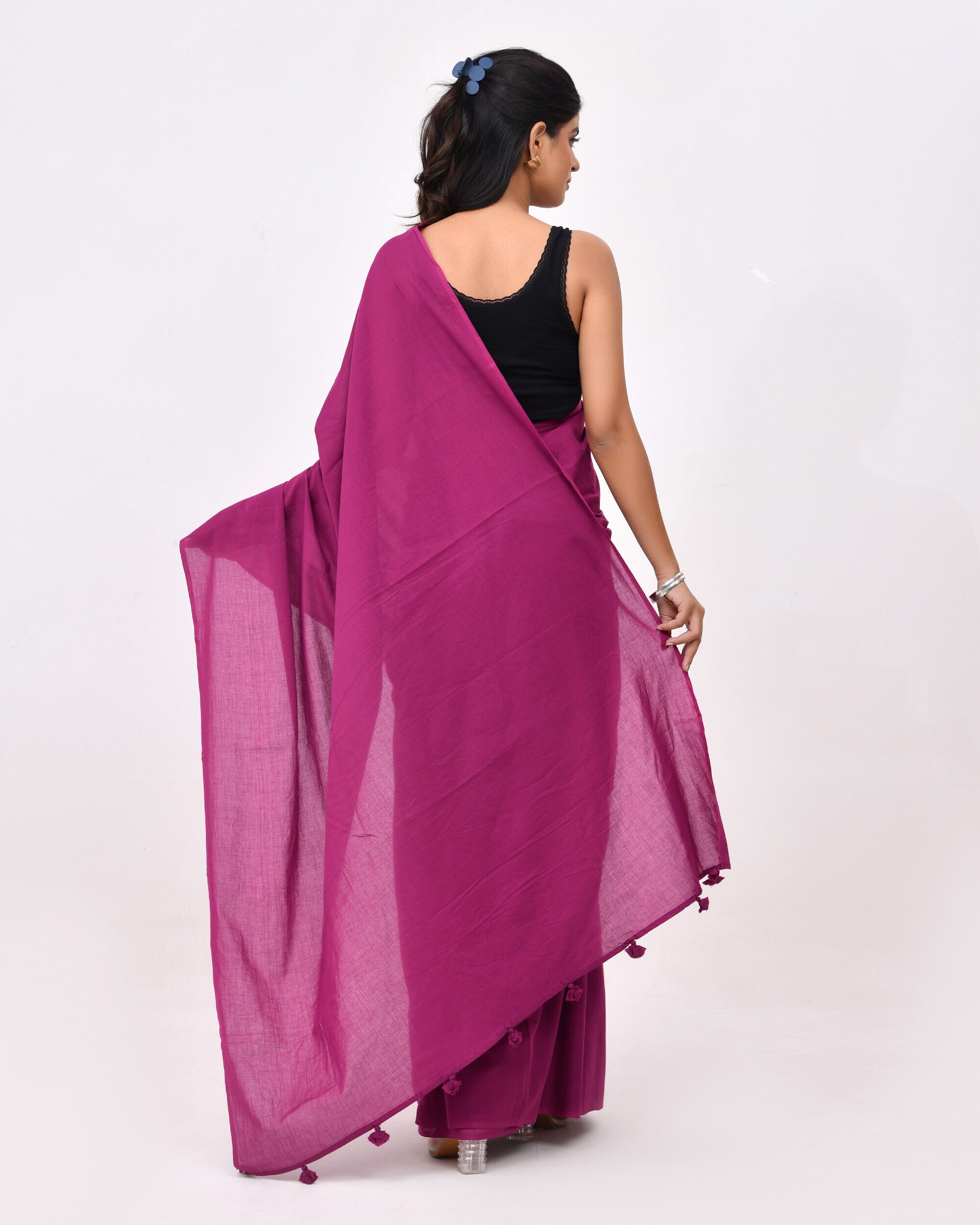 Rajnesa Plum Purple Plain Cotton Mulmul Saree - Without Blouse