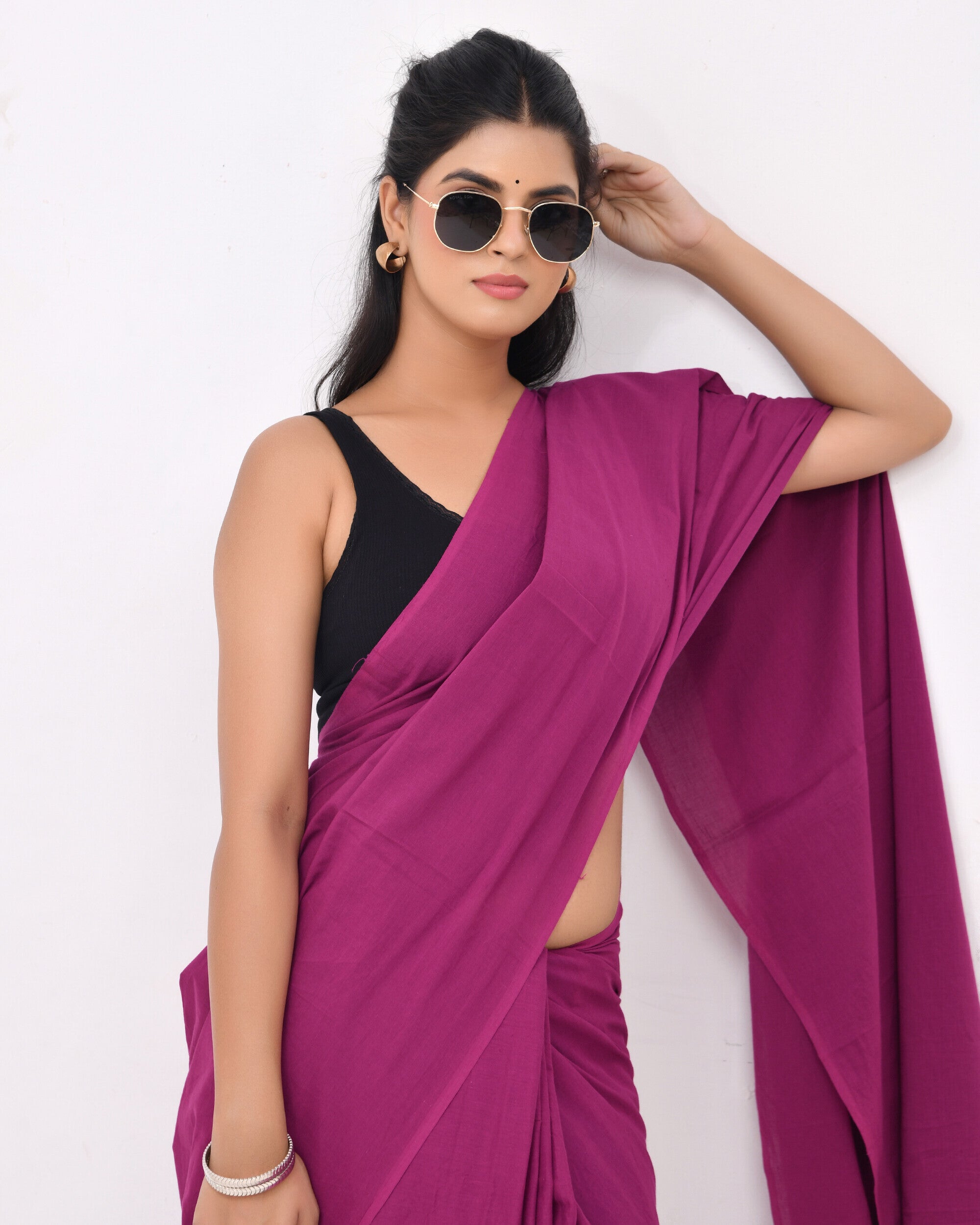 Rajnesa Plum Purple Plain Cotton Mulmul Saree - Without Blouse
