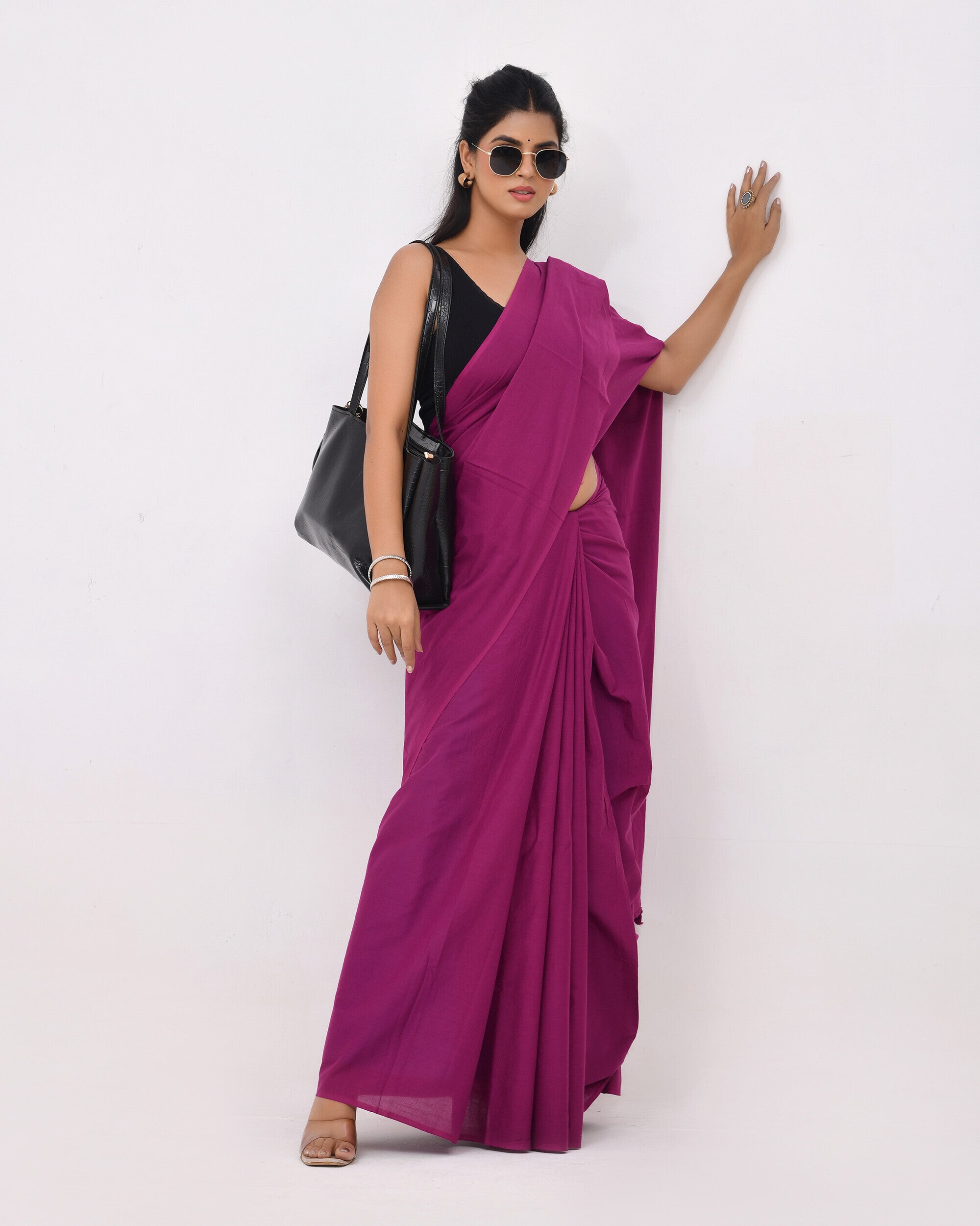 Rajnesa Plum Purple Plain Cotton Mulmul Saree - Without Blouse