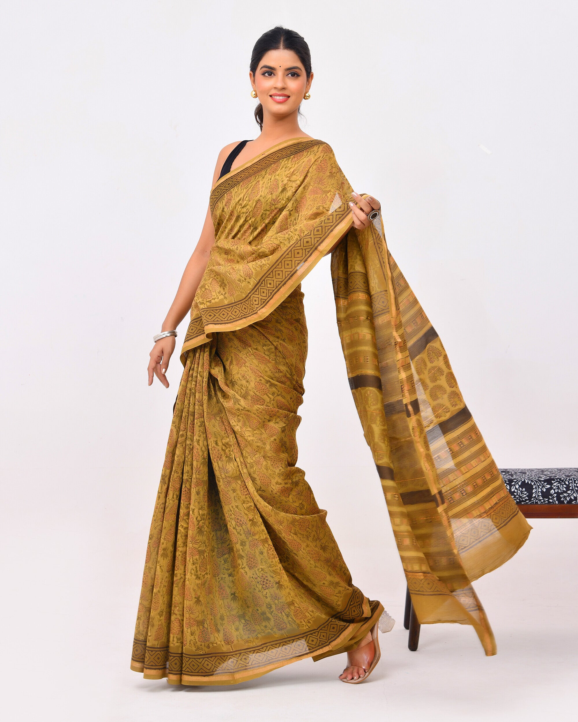 Rajnesa Traditional Ajrakh Print Chanderi Silk Saree - Olive