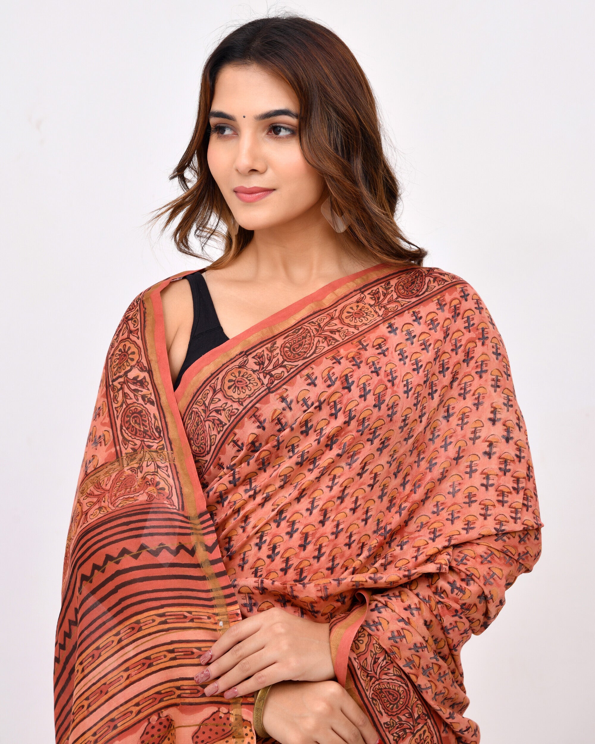 Rajnesa Traditional Ajrakh Print Chanderi Silk Saree - Peach