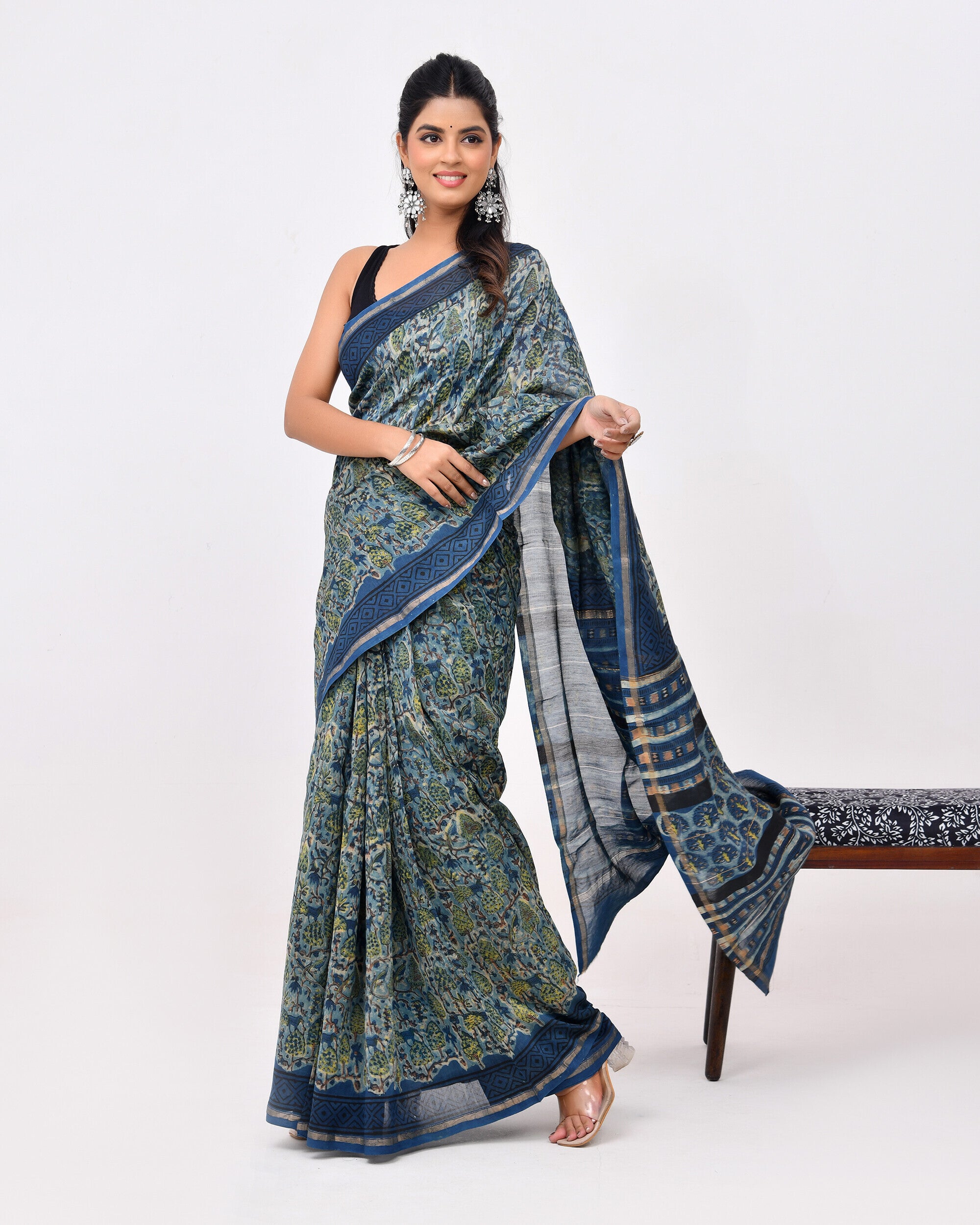 Rajnesa Traditional Ajrakh Print Chanderi Silk Saree - Indigo