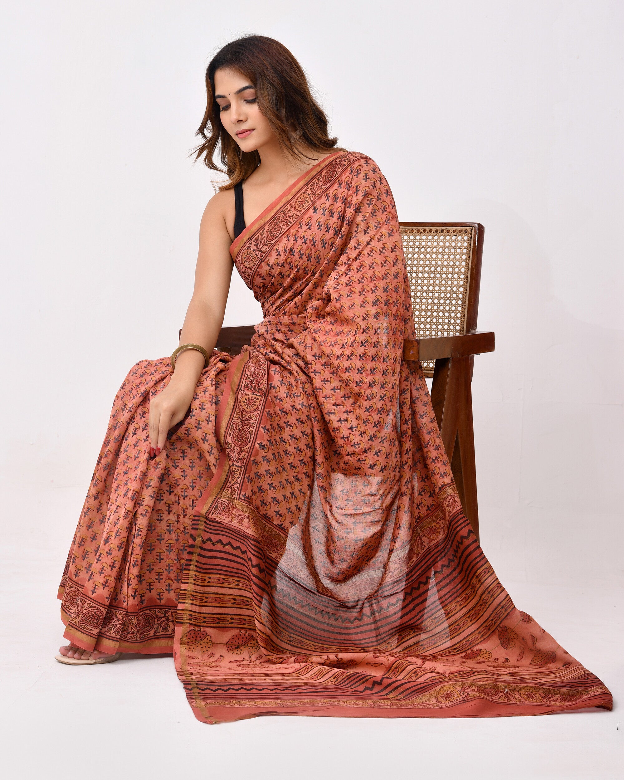 Rajnesa Traditional Ajrakh Print Chanderi Silk Saree - Peach