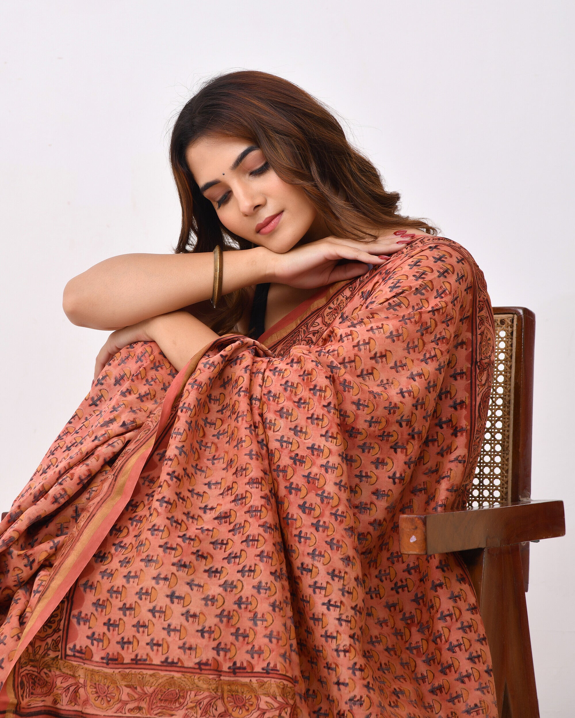 Rajnesa Traditional Ajrakh Print Chanderi Silk Saree - Peach