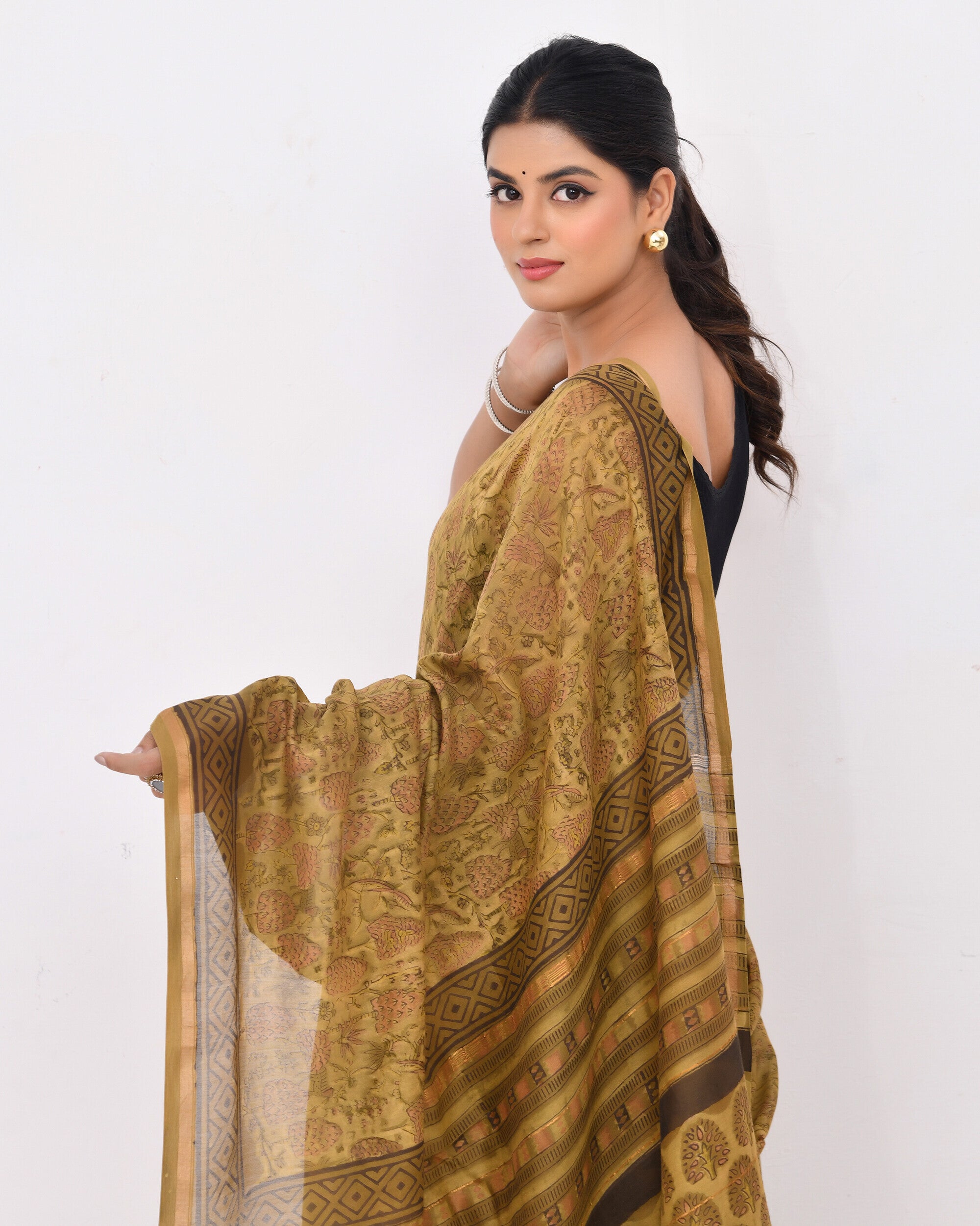 Rajnesa Traditional Ajrakh Print Chanderi Silk Saree - Olive