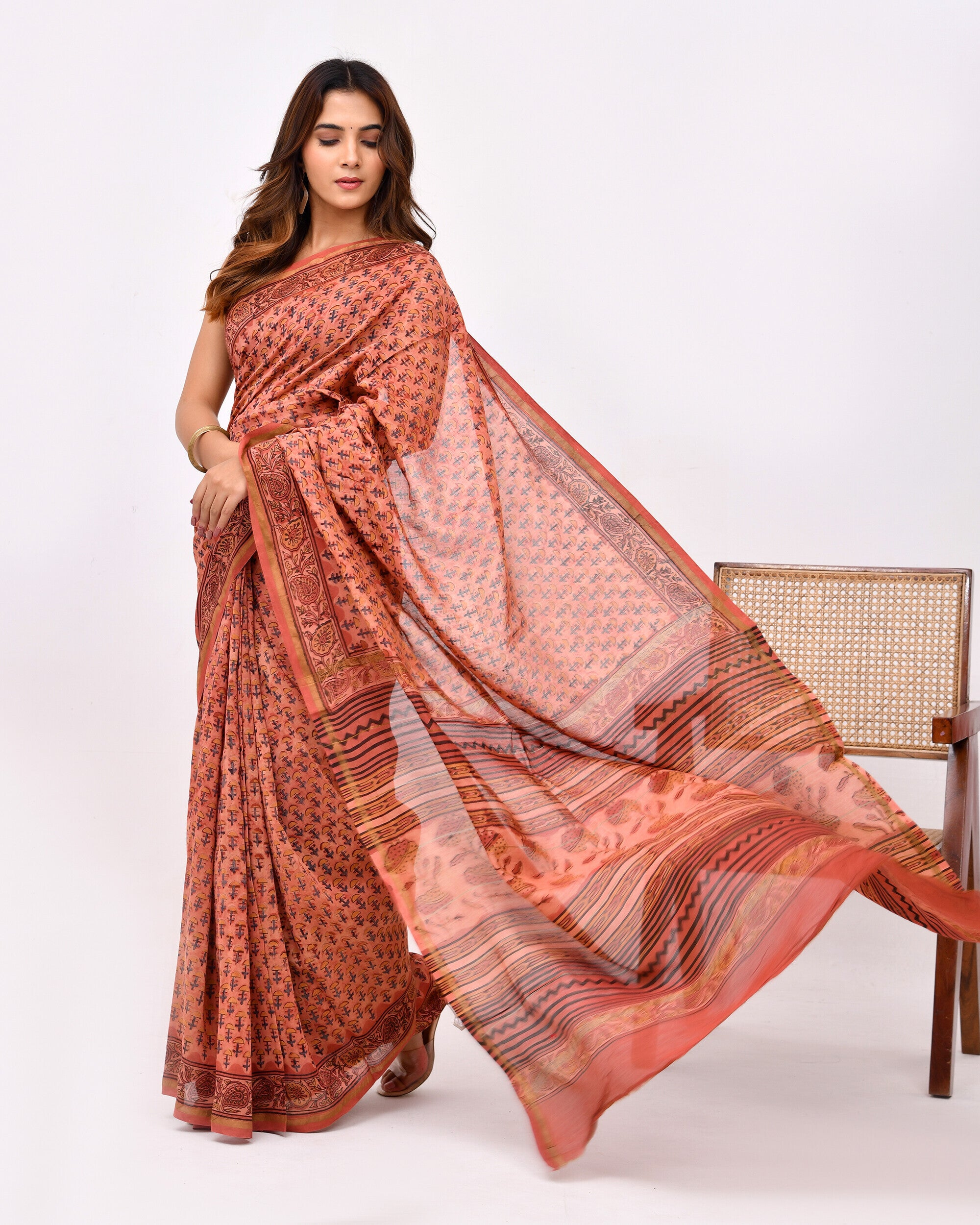 Rajnesa Traditional Ajrakh Print Chanderi Silk Saree - Peach