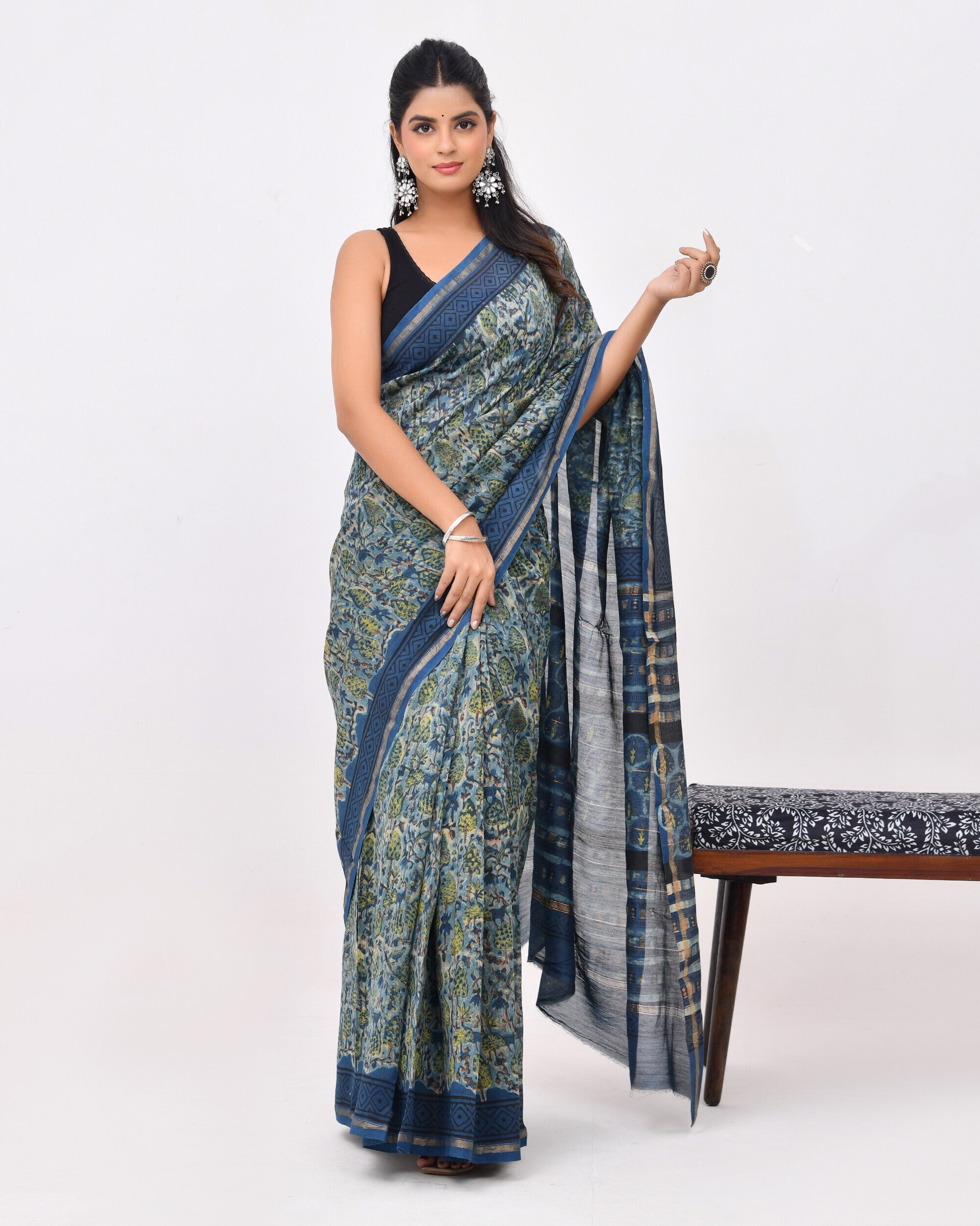 Rajnesa Traditional Ajrakh Print Chanderi Silk Saree - Indigo
