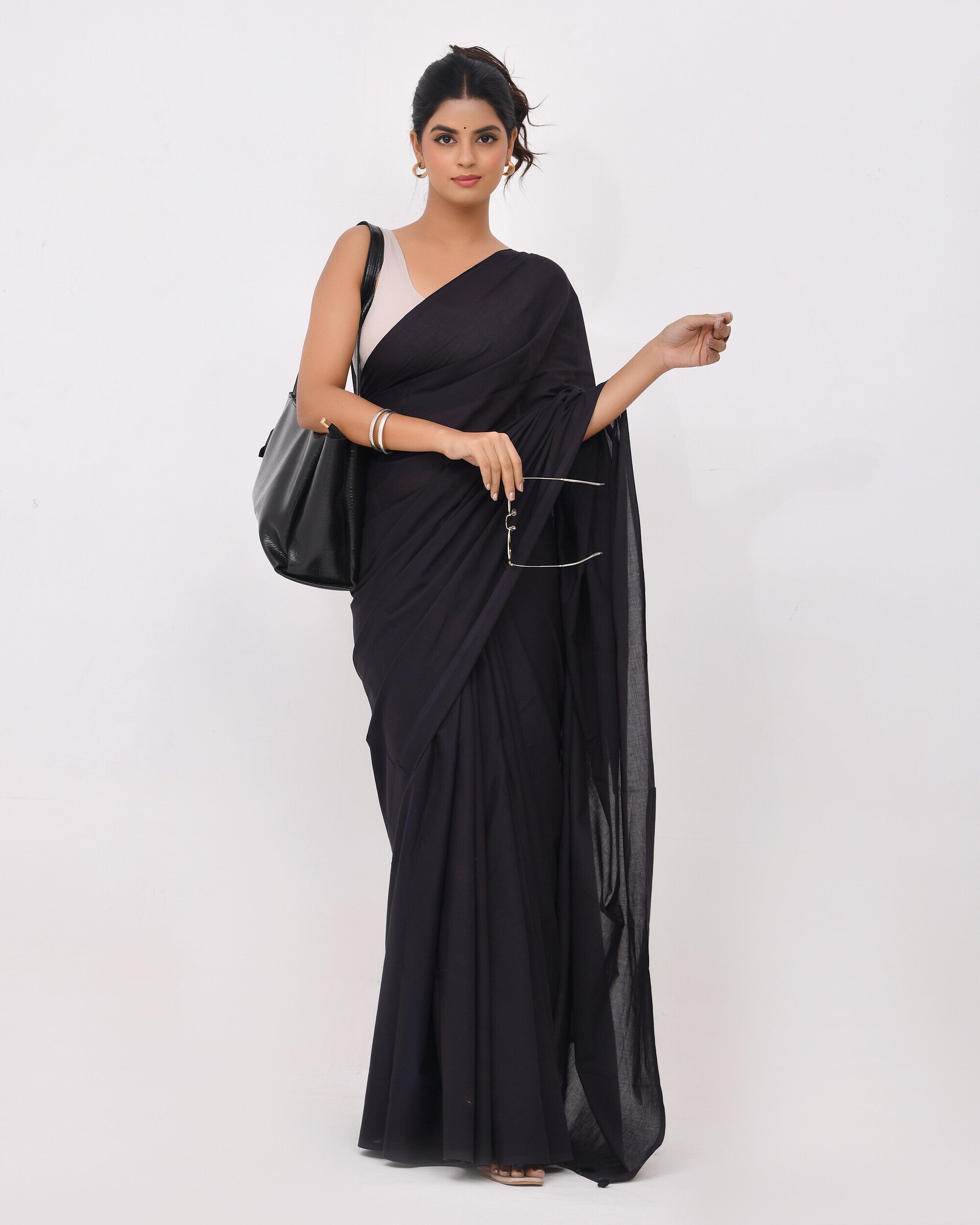 Rajnesa Solid Black Plain Cotton Mulmul Saree - Without Blouse