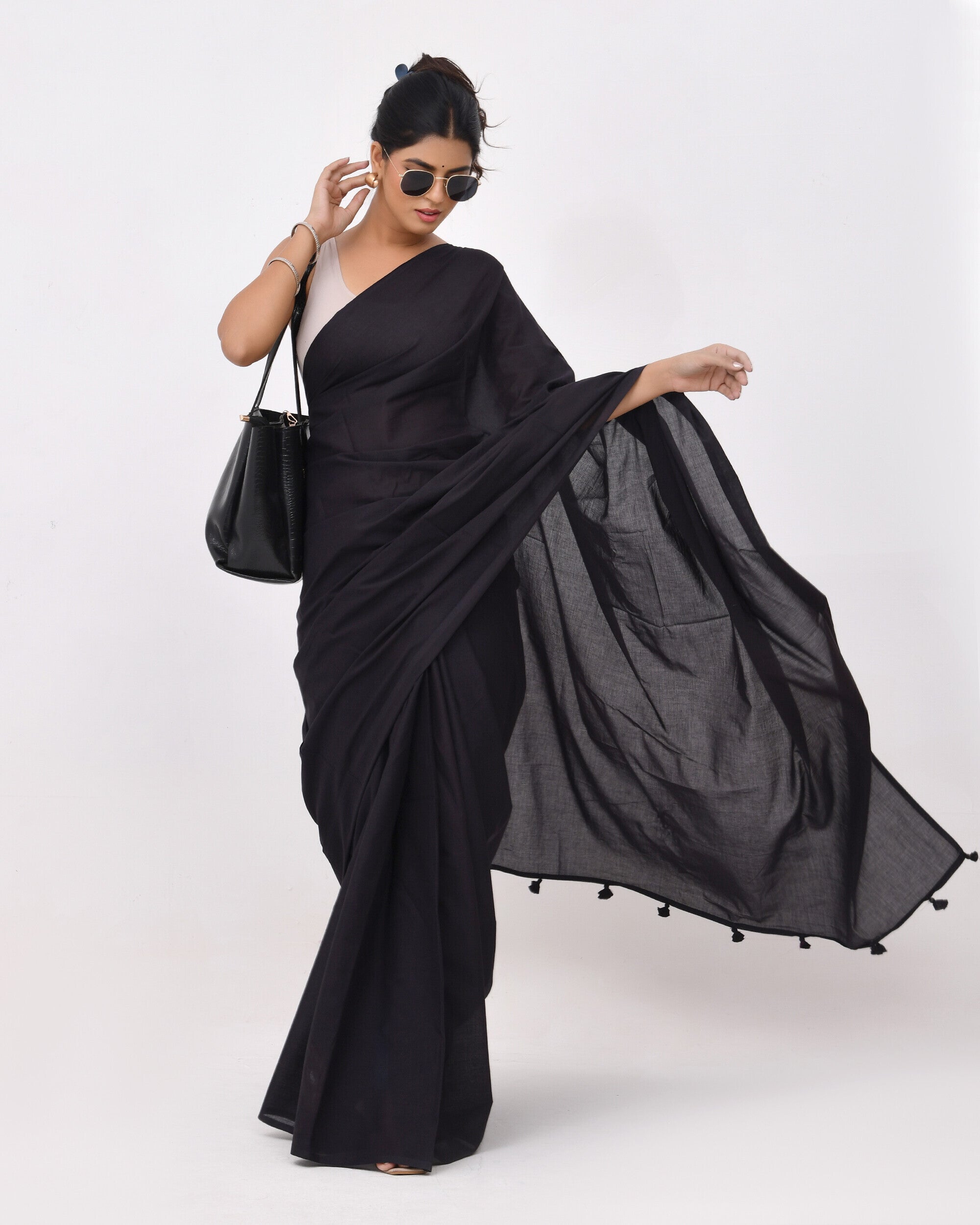 Plain Black Cotton Mulmul Saree
