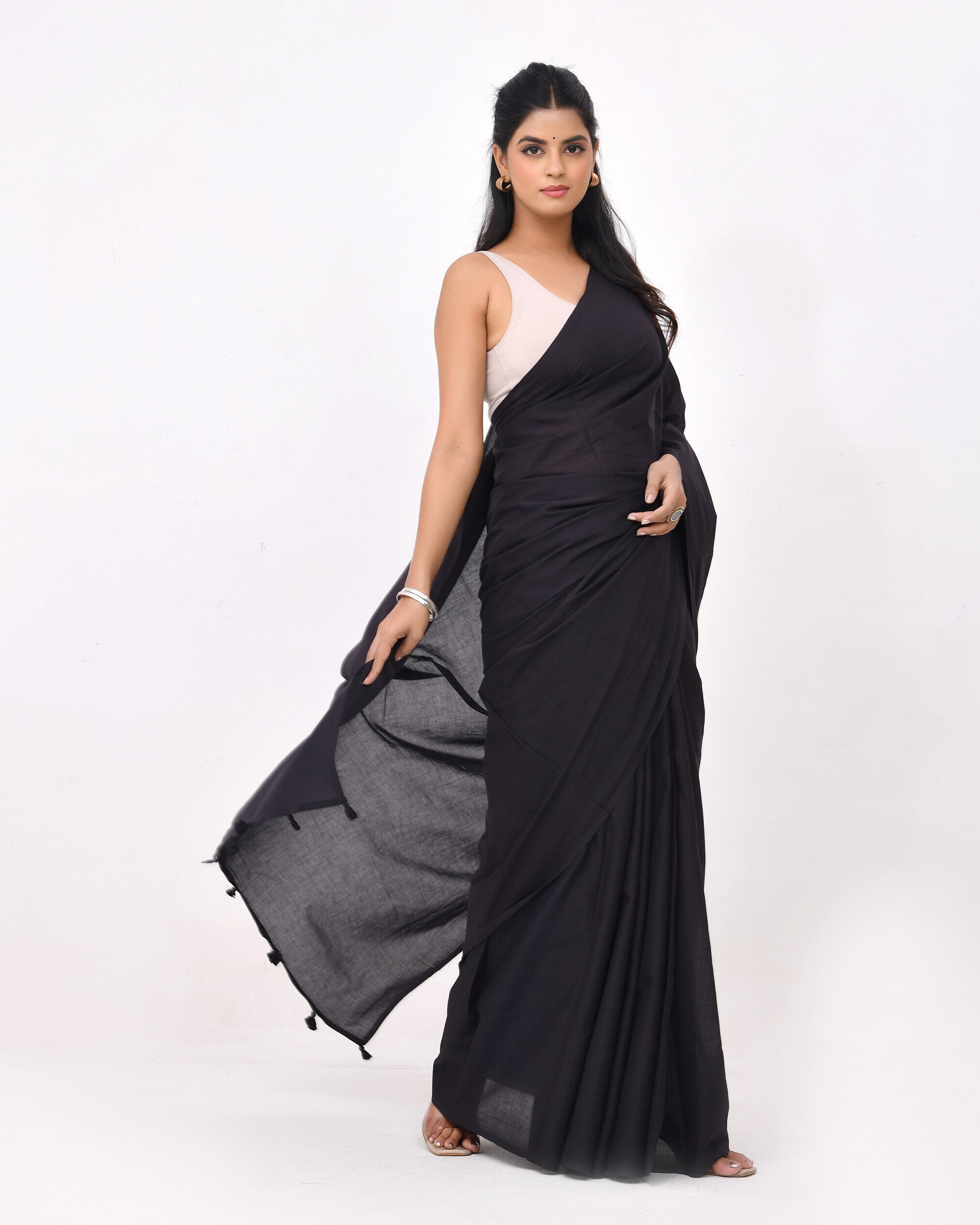 Rajnesa Solid Black Plain Cotton Mulmul Saree - Without Blouse
