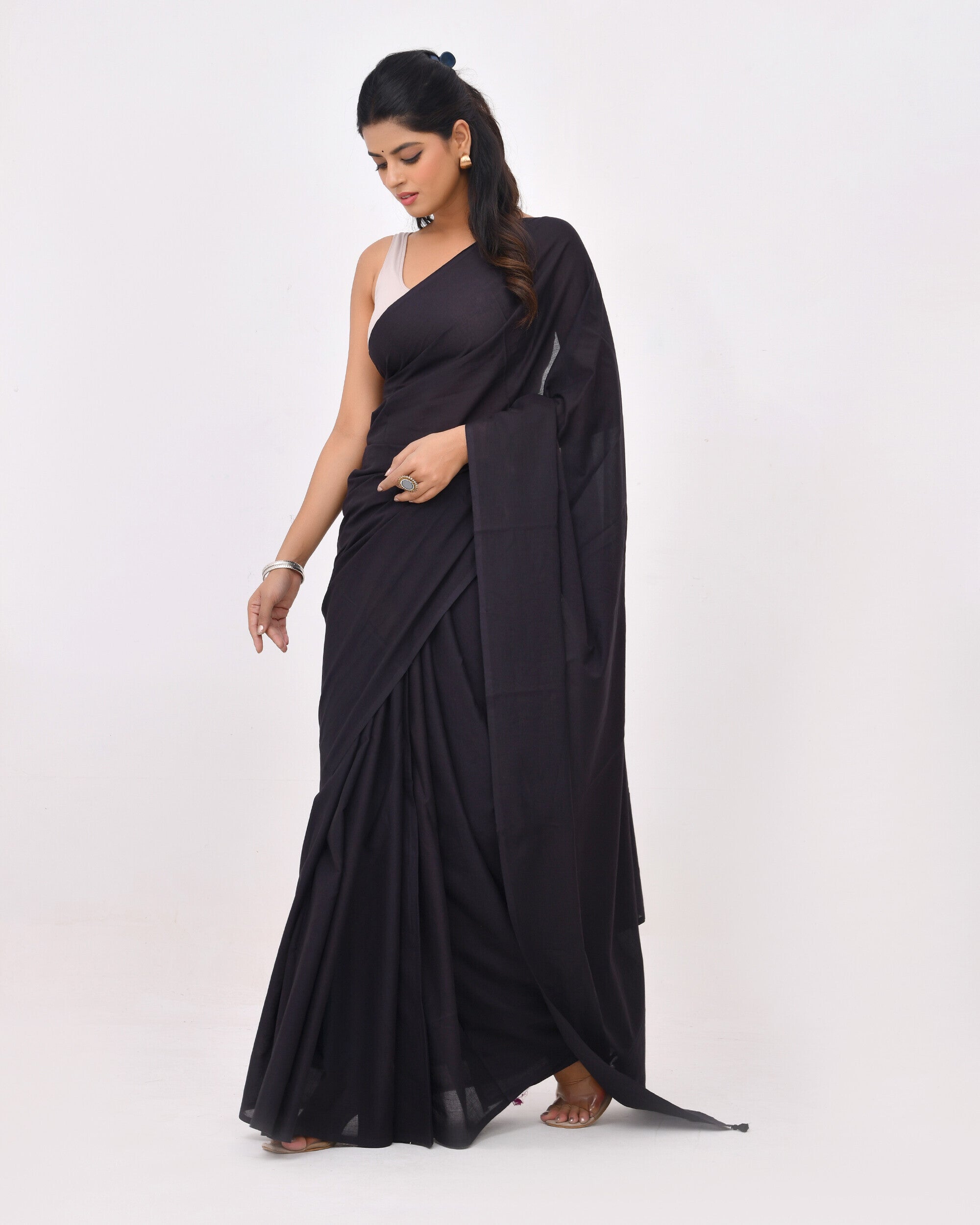Rajnesa Solid Black Plain Cotton Mulmul Saree - Without Blouse