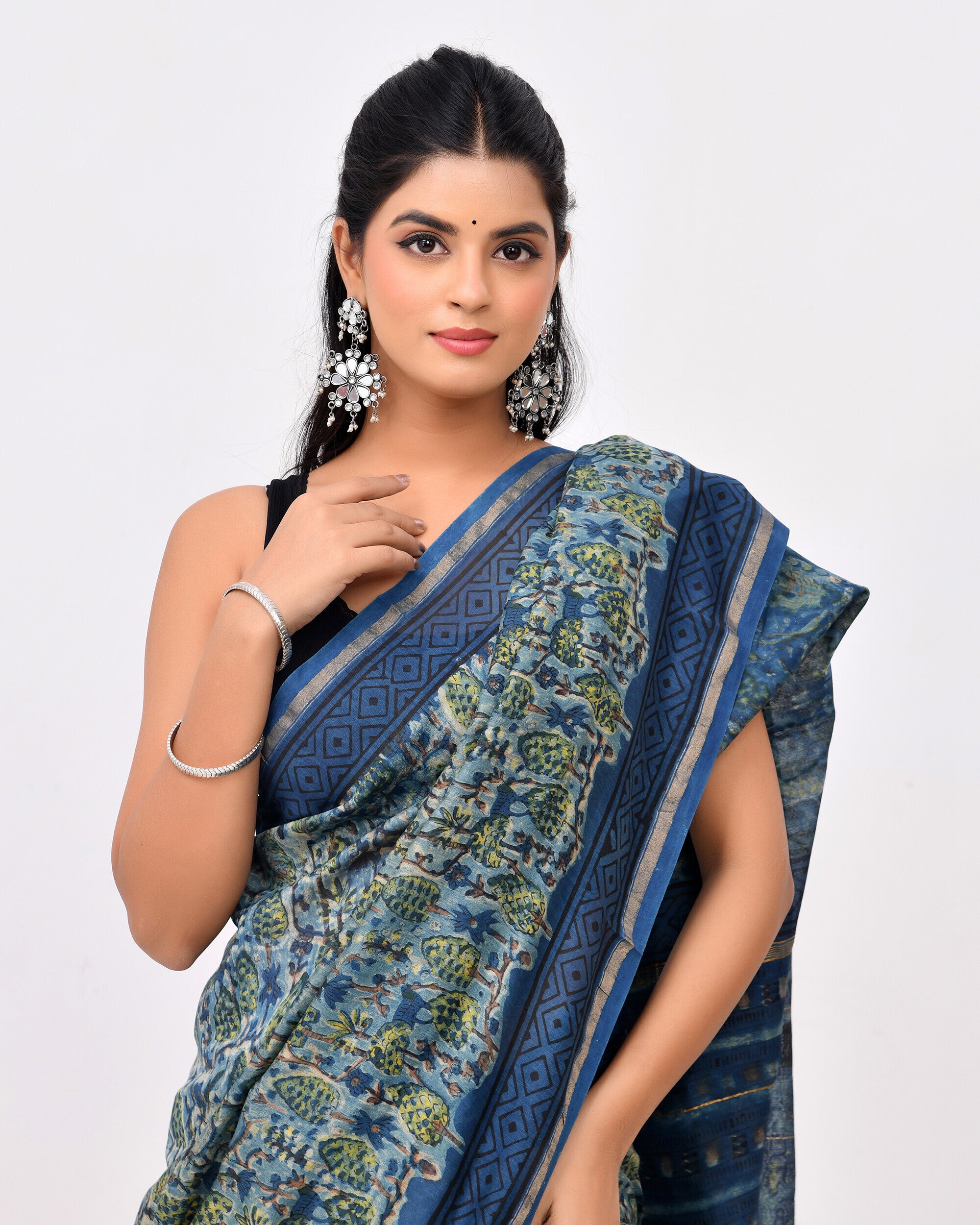 Rajnesa Traditional Ajrakh Print Chanderi Silk Saree - Indigo
