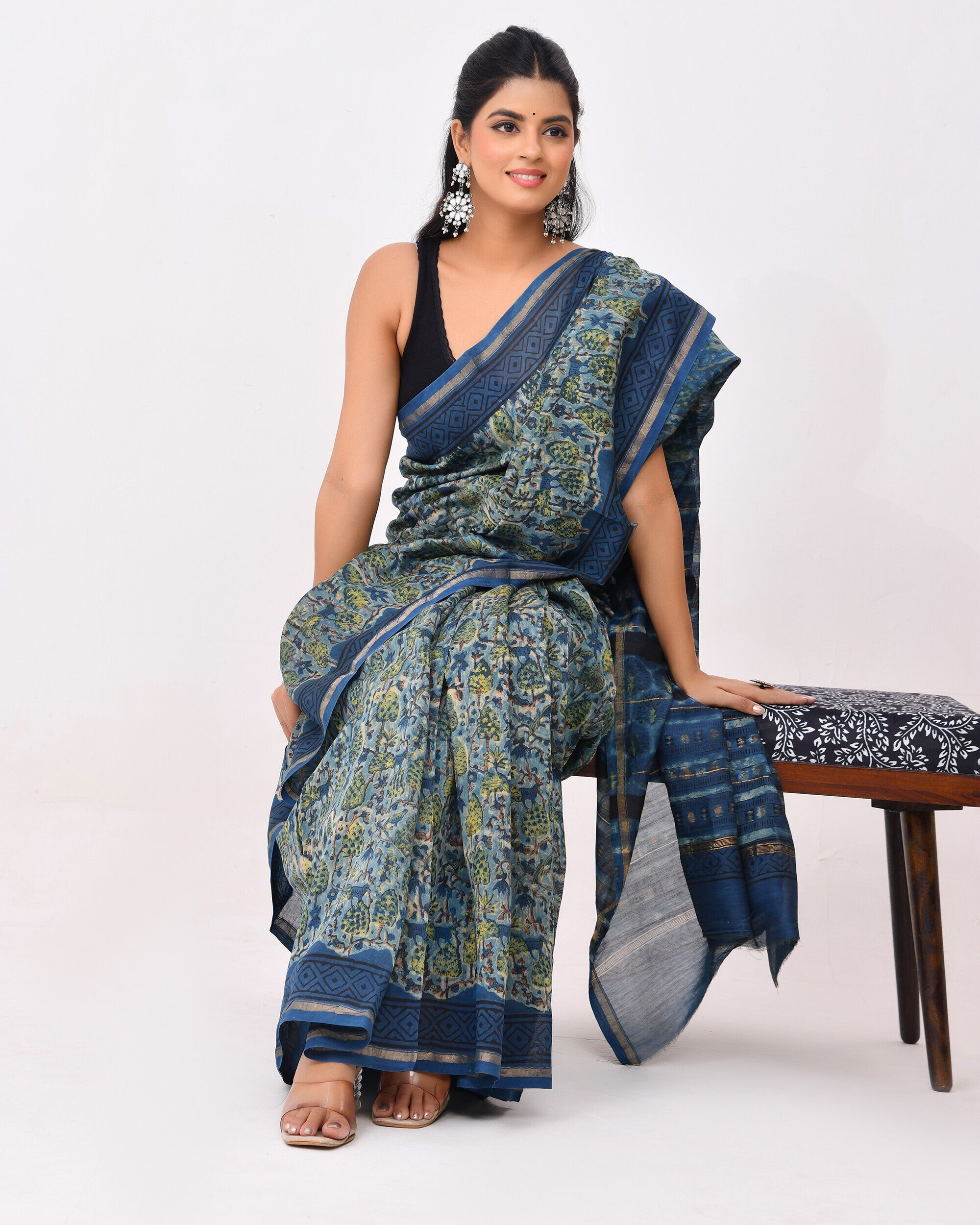 Rajnesa Traditional Ajrakh Print Chanderi Silk Saree - Indigo