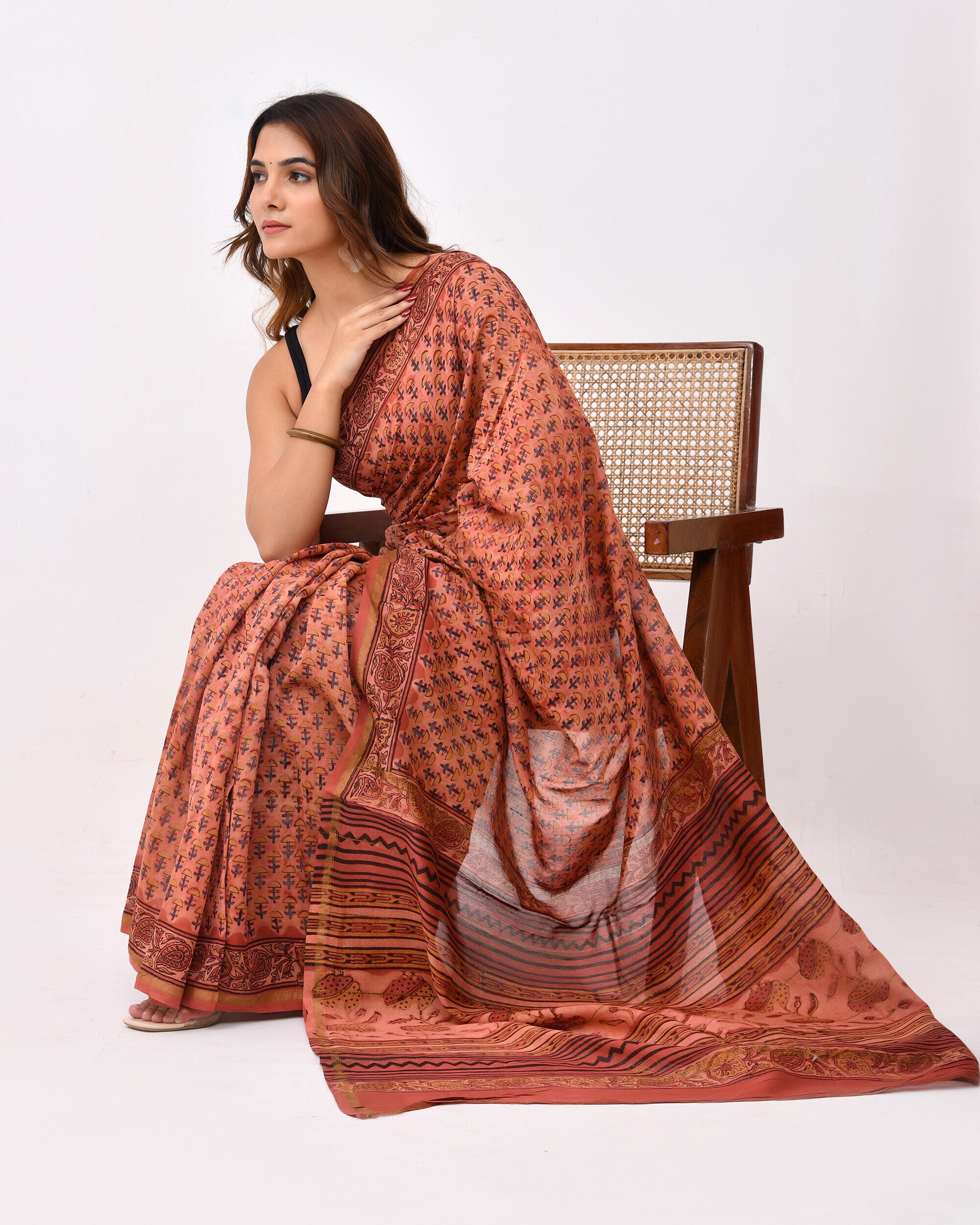 Rajnesa Traditional Ajrakh Print Chanderi Silk Saree - Peach