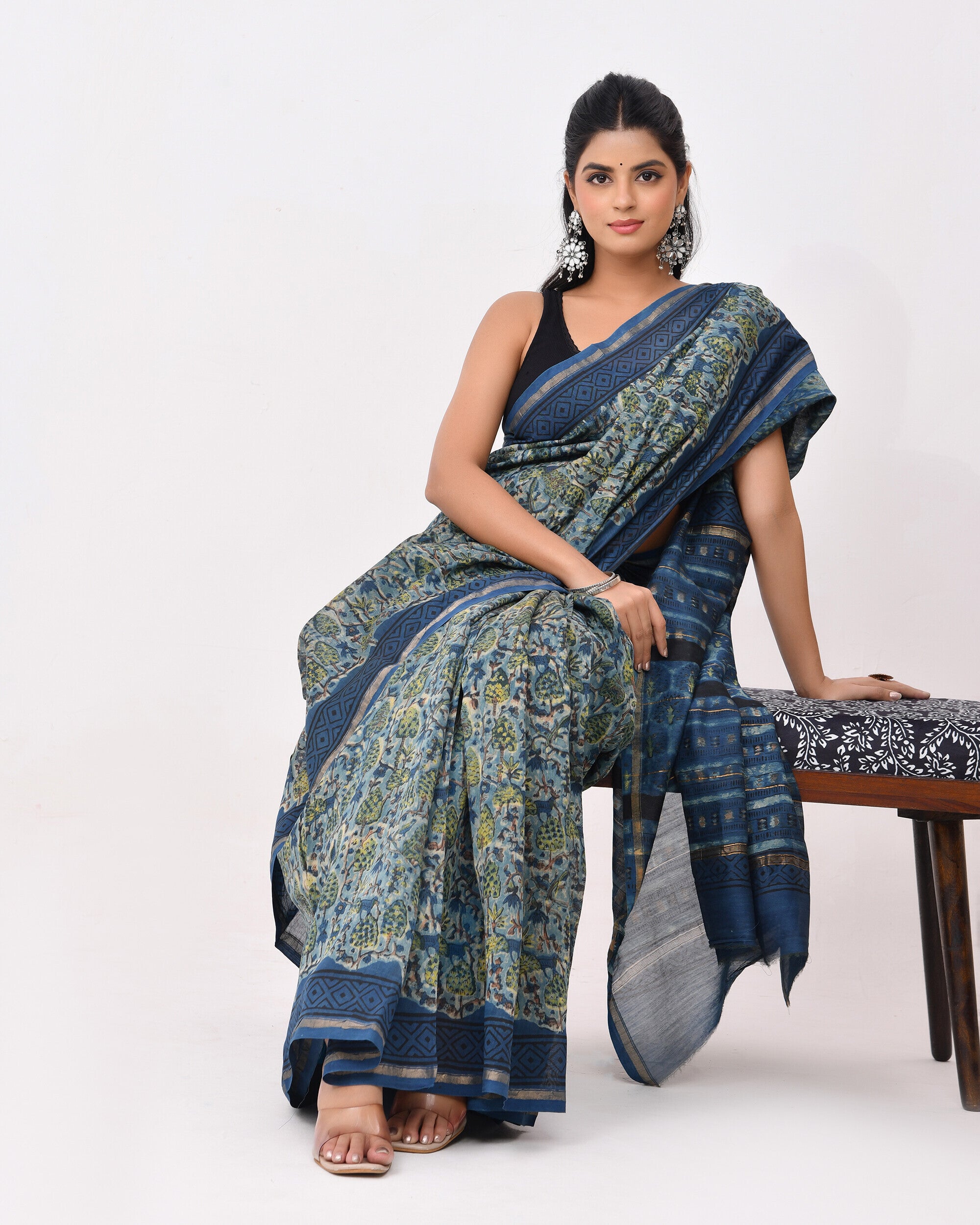 Rajnesa Traditional Ajrakh Print Chanderi Silk Saree - Indigo