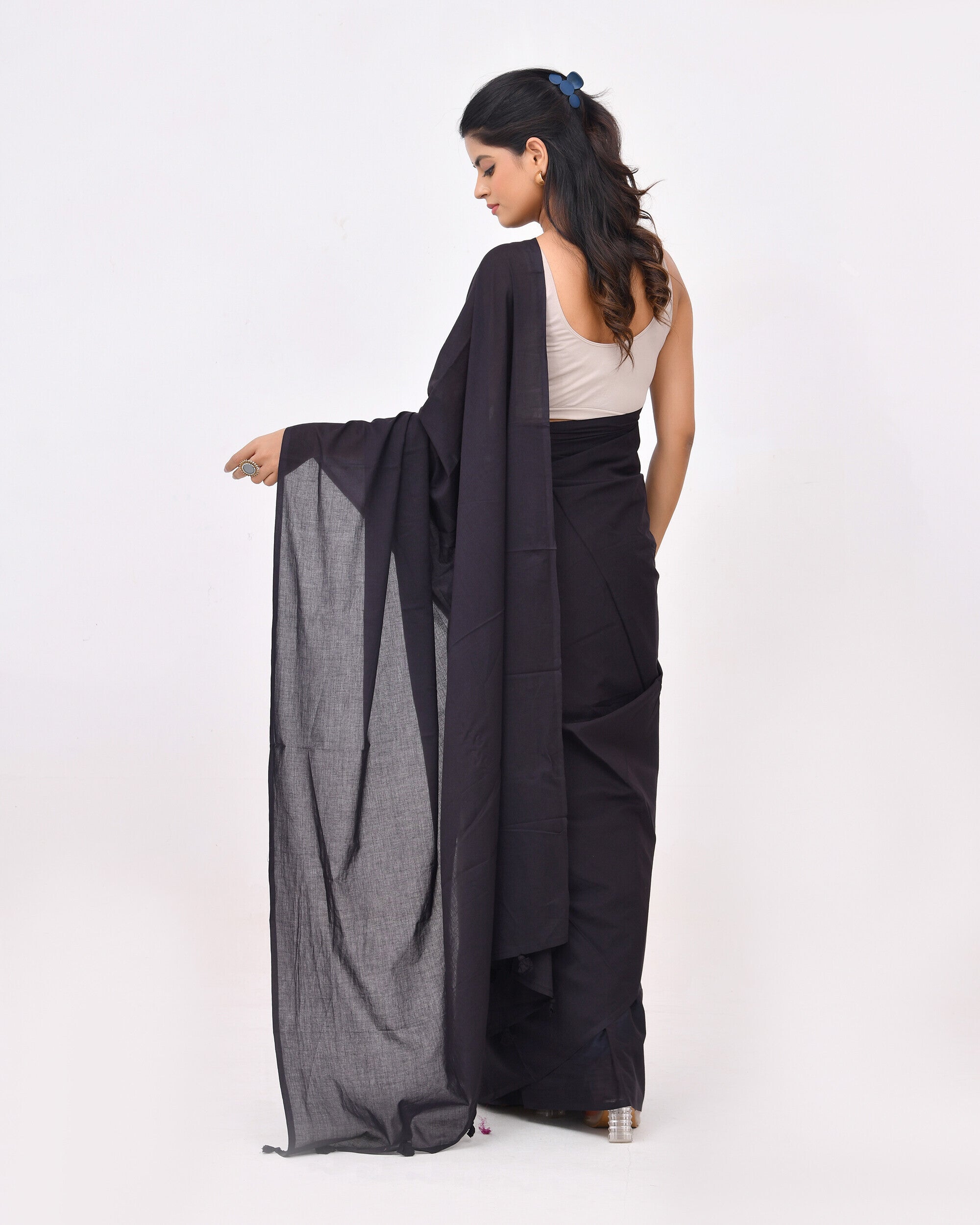 Rajnesa Solid Black Plain Cotton Mulmul Saree - Without Blouse