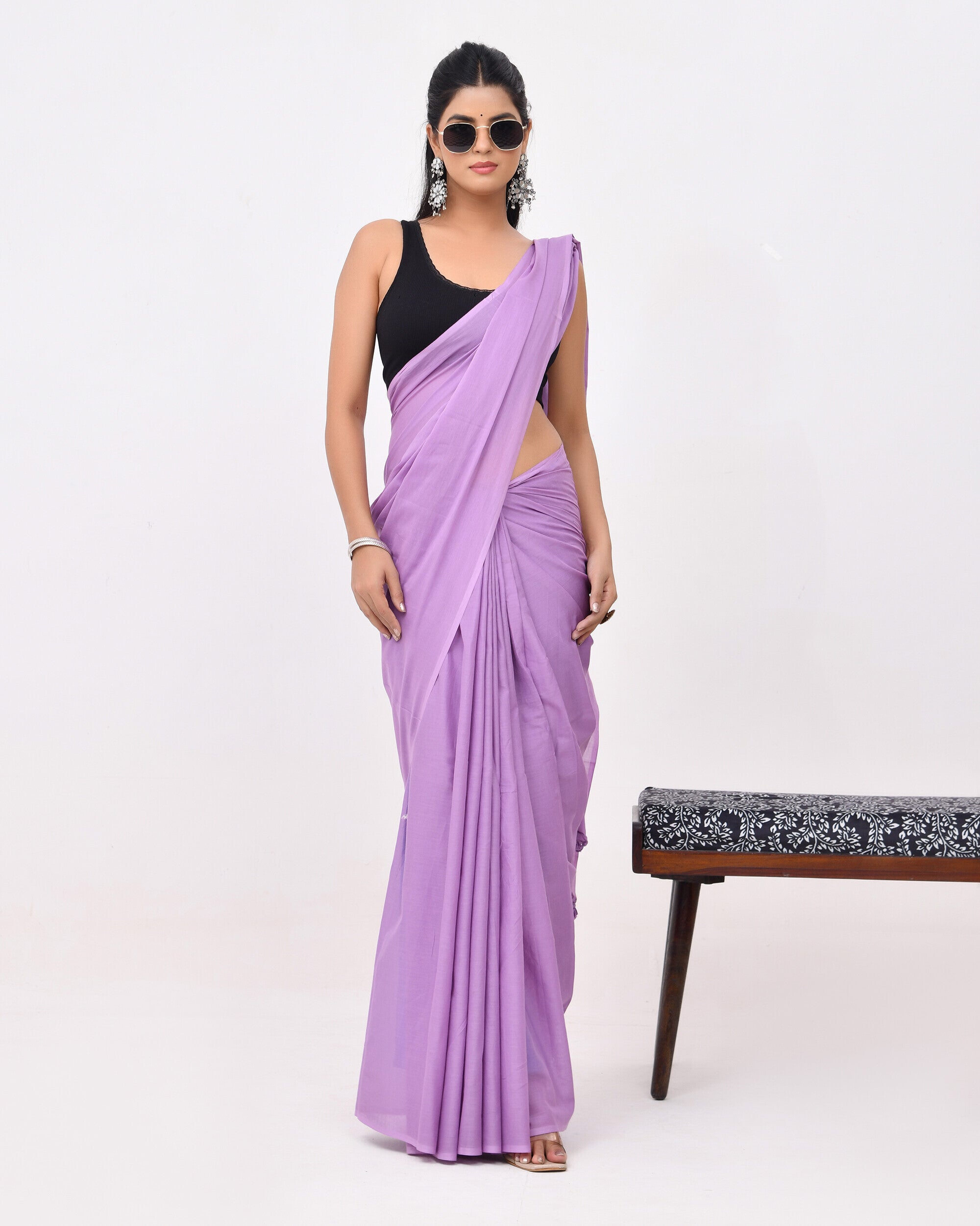 Rajnesa Lavender Blue Plain Cotton Mulmul Saree - Without Blouse