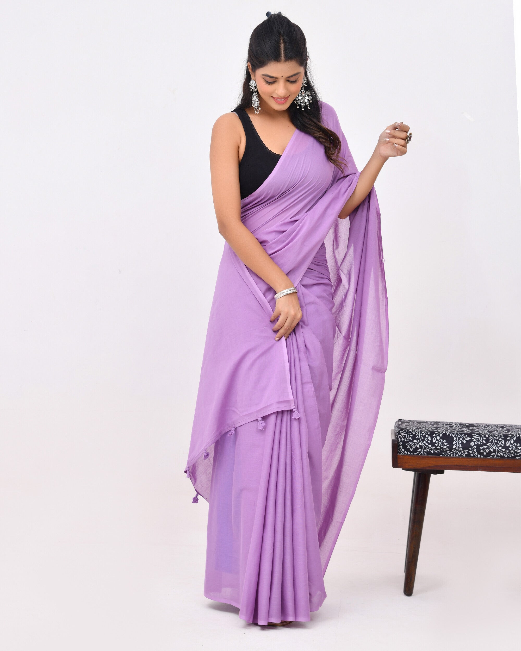 Rajnesa Lavender Blue Plain Cotton Mulmul Saree - Without Blouse