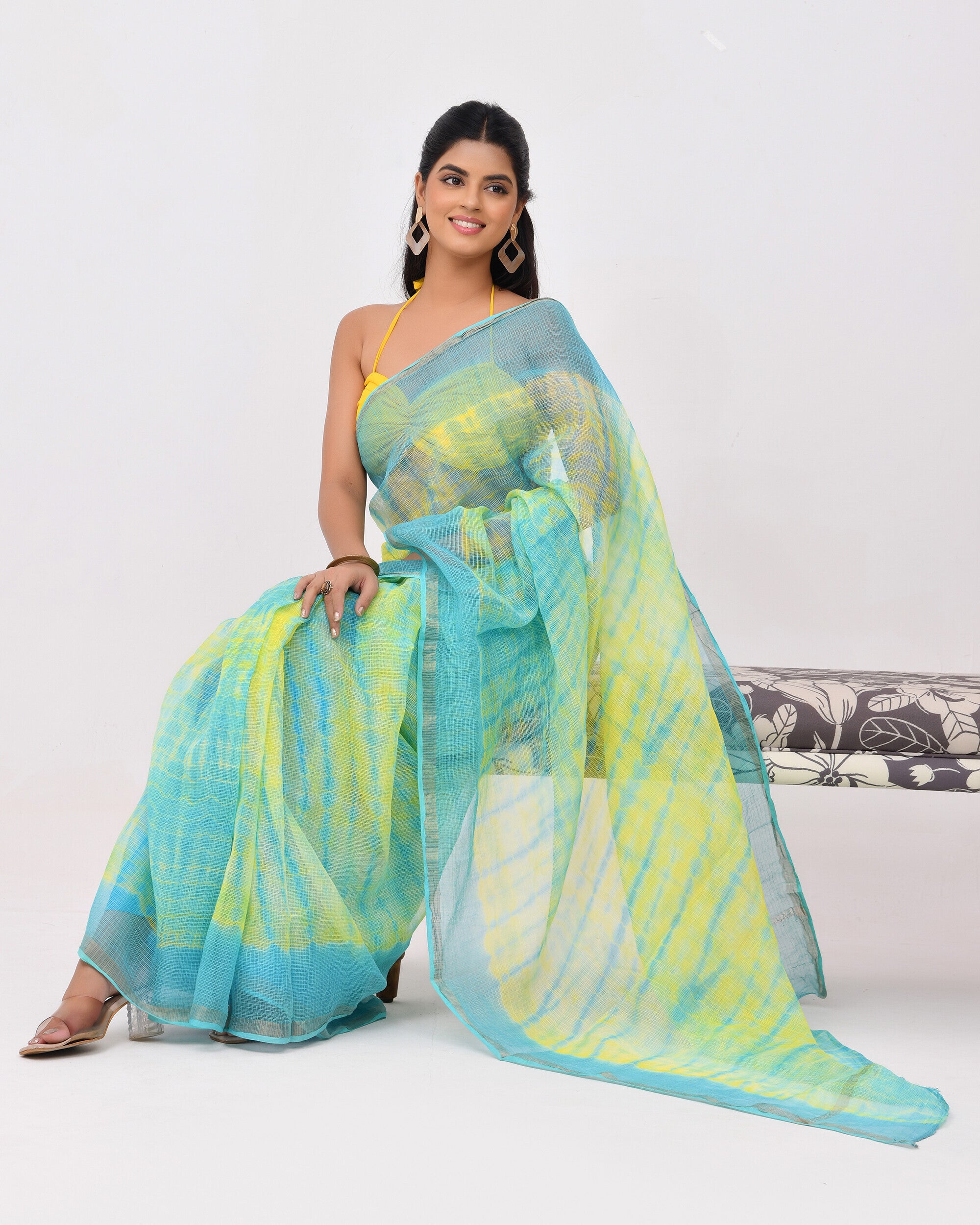Rajnesa Traditional Block Print Kota Doria Cotton Saree - Lemon Yellow & Blue