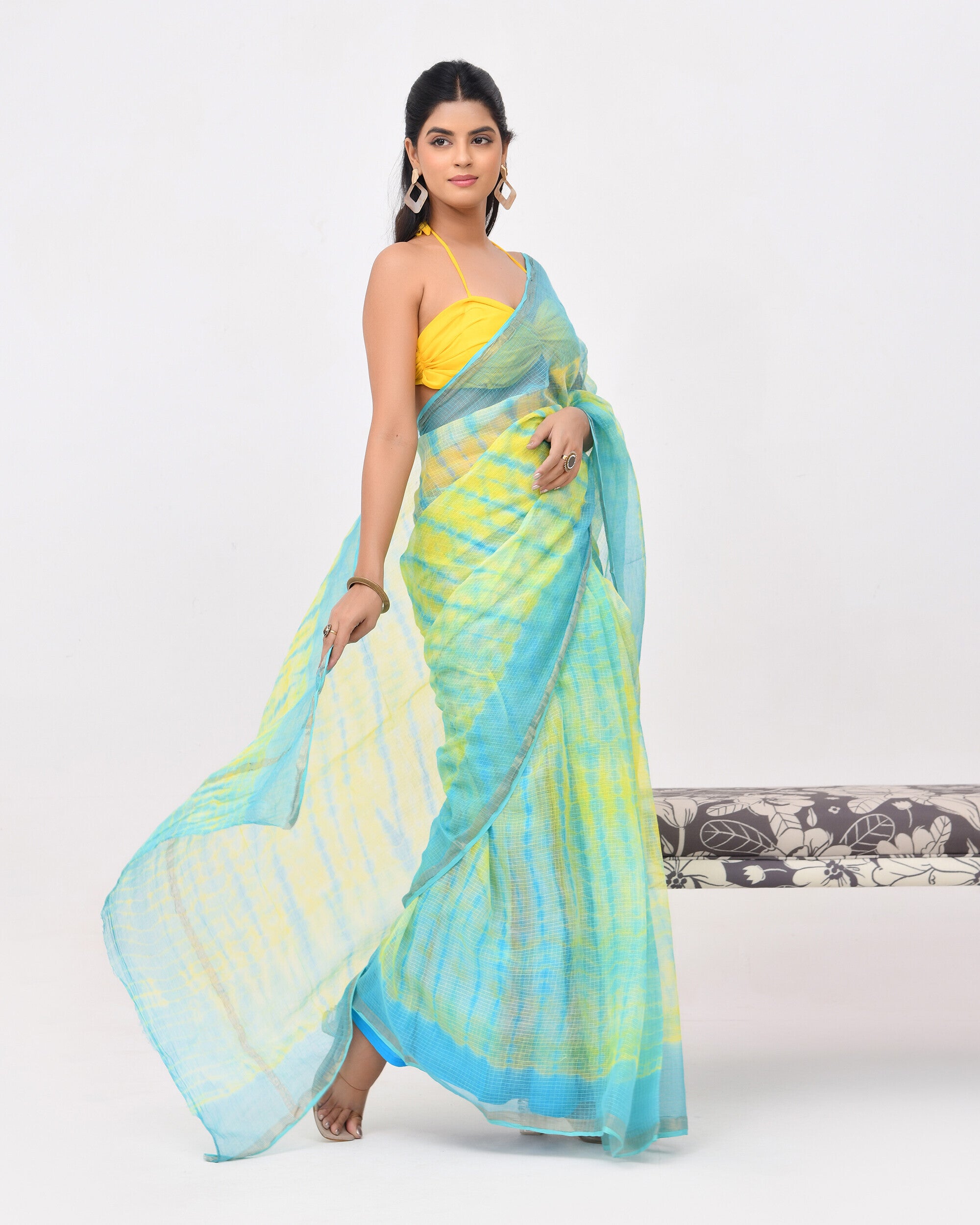 Rajnesa Traditional Block Print Kota Doria Cotton Saree - Lemon Yellow & Blue