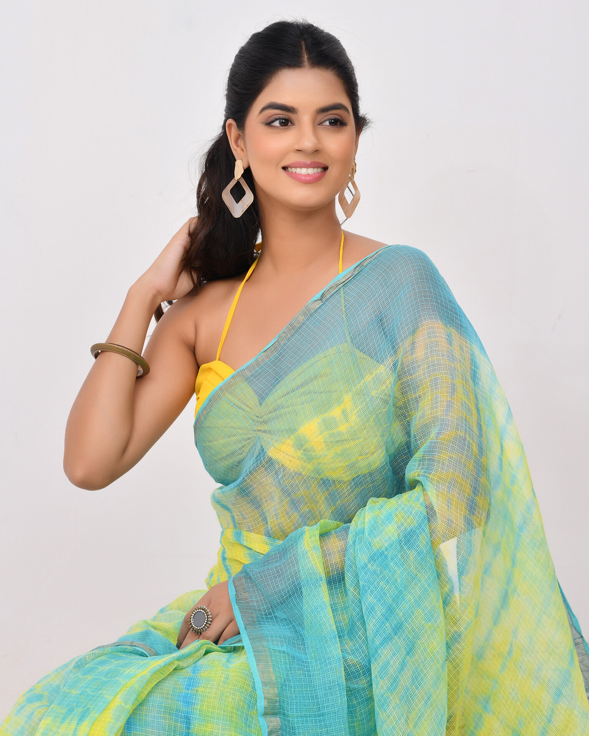 Rajnesa Traditional Block Print Kota Doria Cotton Saree - Lemon Yellow & Blue