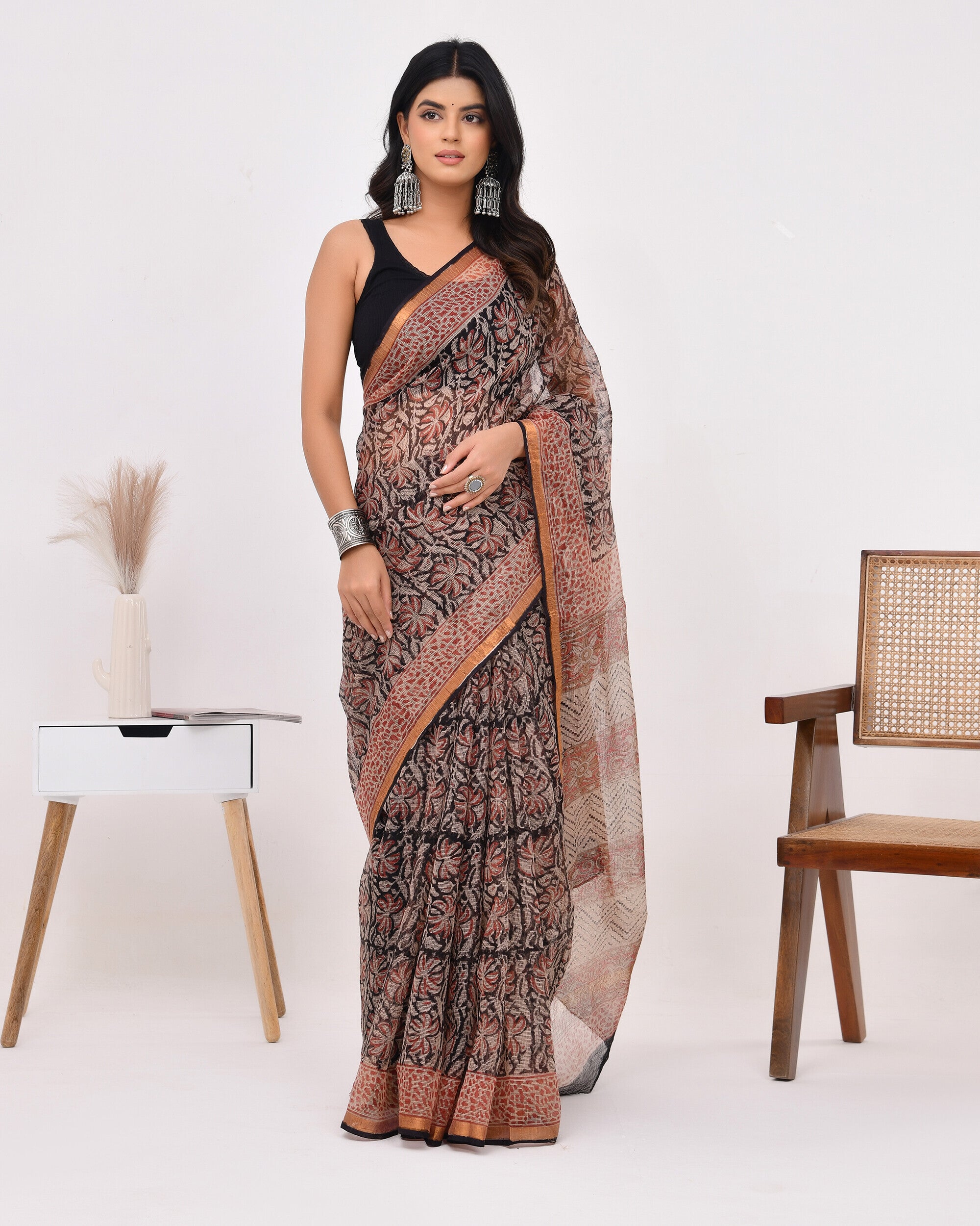 Black & Red Block Printed Kota Doria Saree