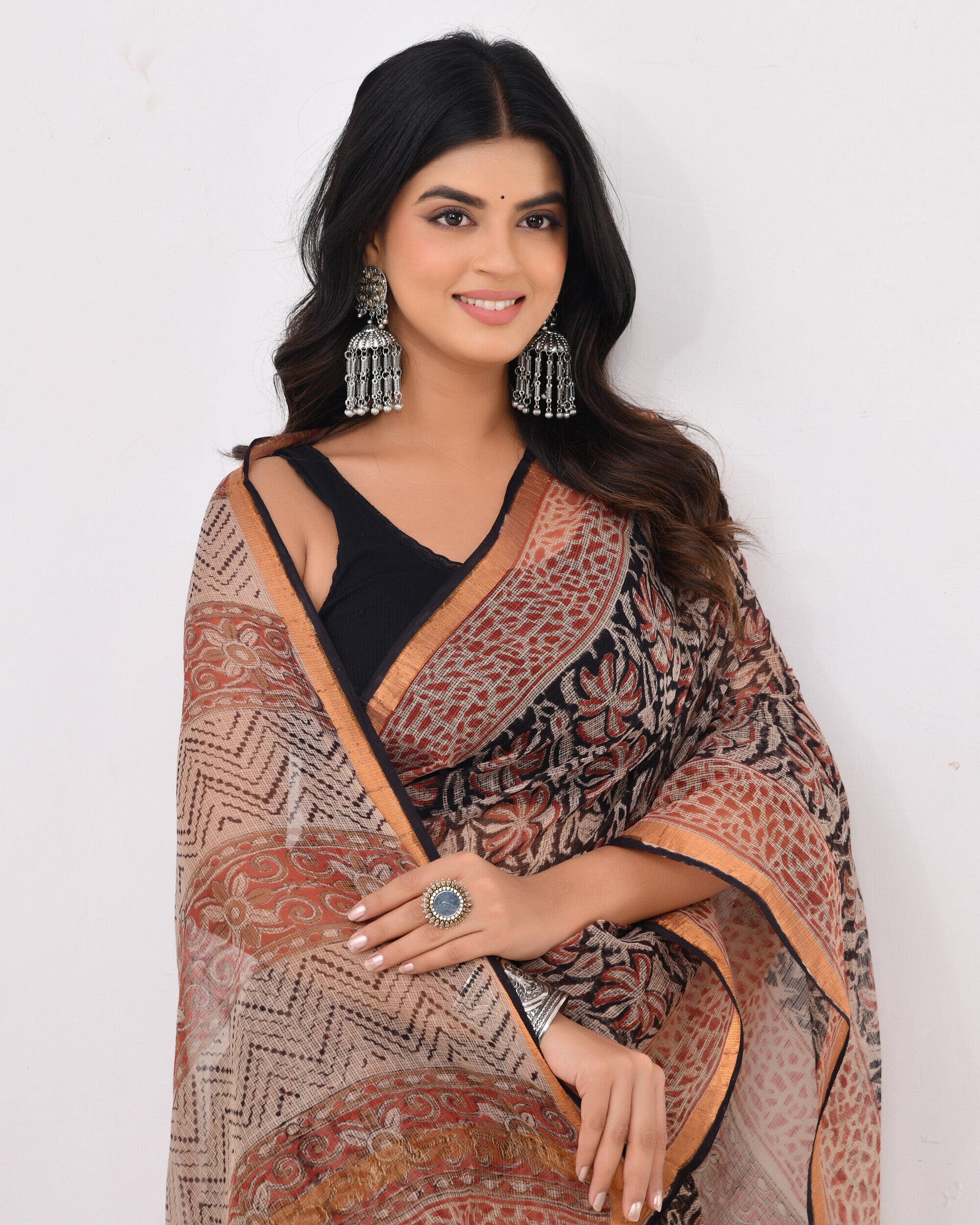 Rajnesa Traditional Block Print Kota Doria Cotton Saree - Black And Red