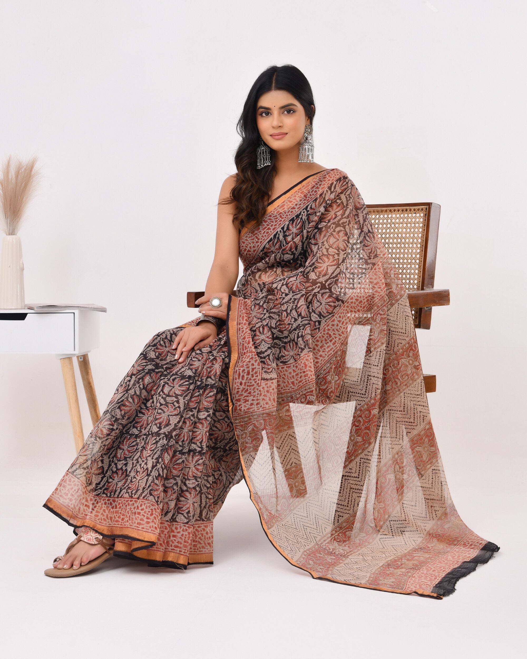 Rajnesa Traditional Block Print Kota Doria Cotton Saree - Black And Red