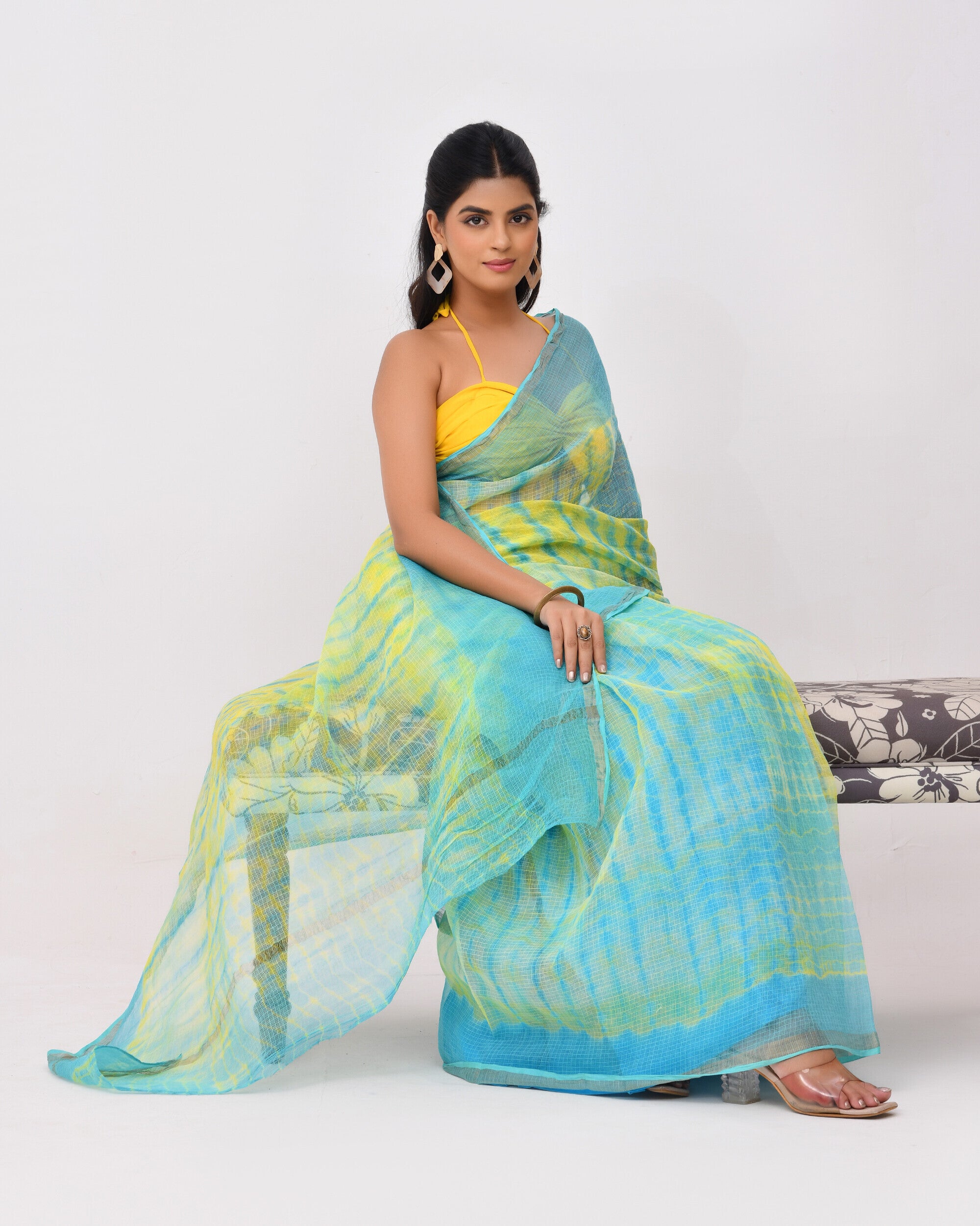 Rajnesa Traditional Block Print Kota Doria Cotton Saree - Lemon Yellow & Blue