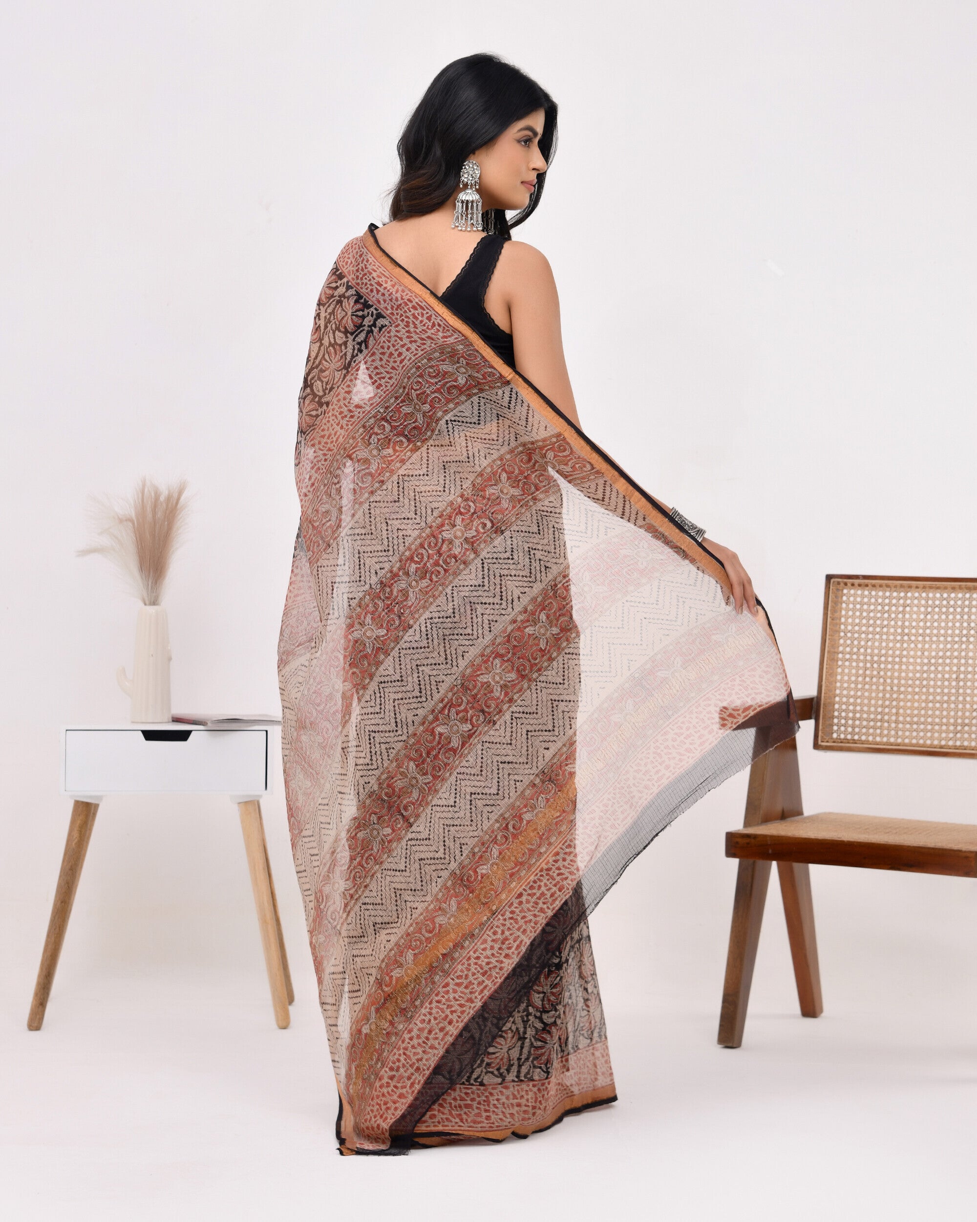 Rajnesa Traditional Block Print Kota Doria Cotton Saree - Black And Red
