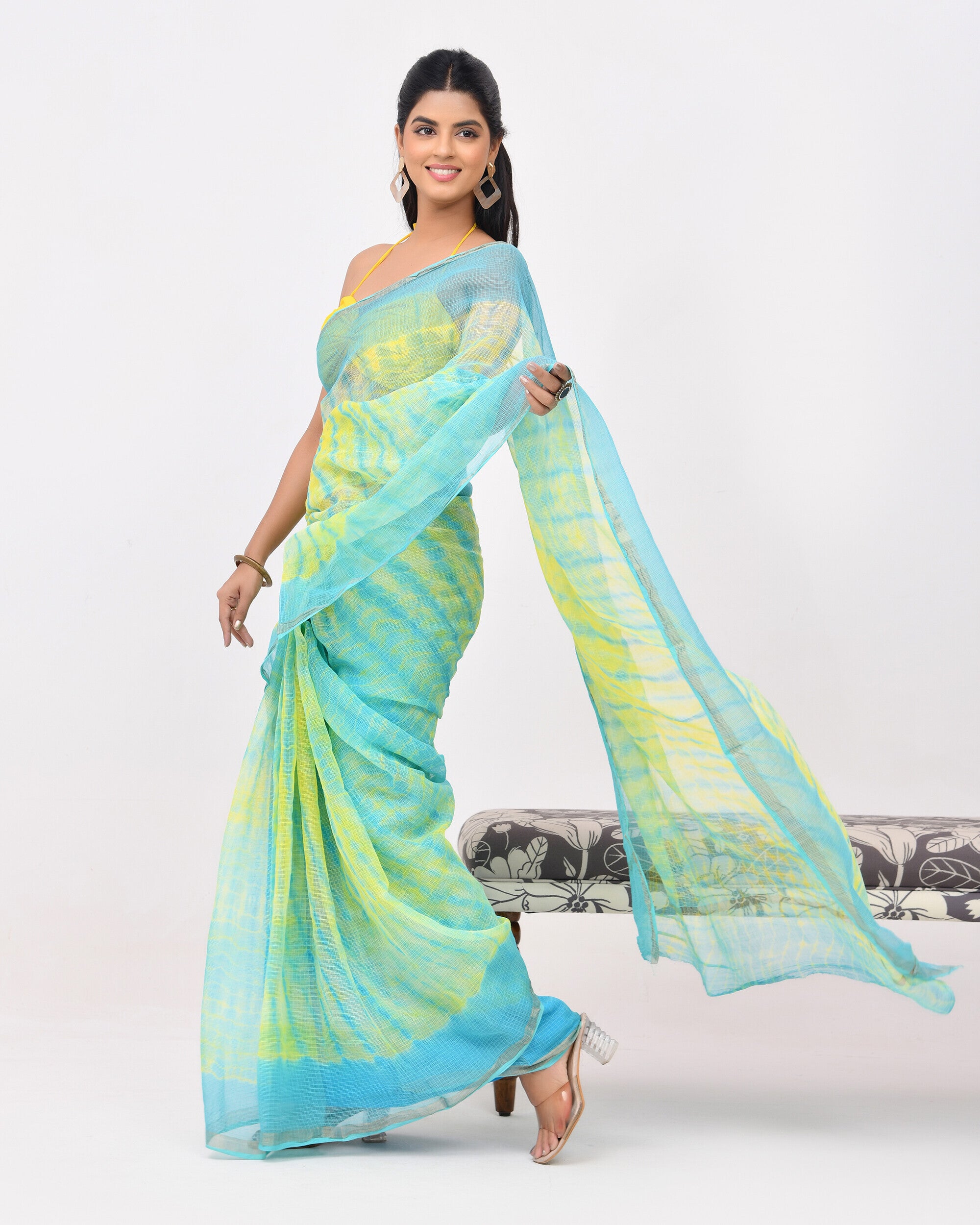 Rajnesa Traditional Block Print Kota Doria Cotton Saree - Lemon Yellow & Blue