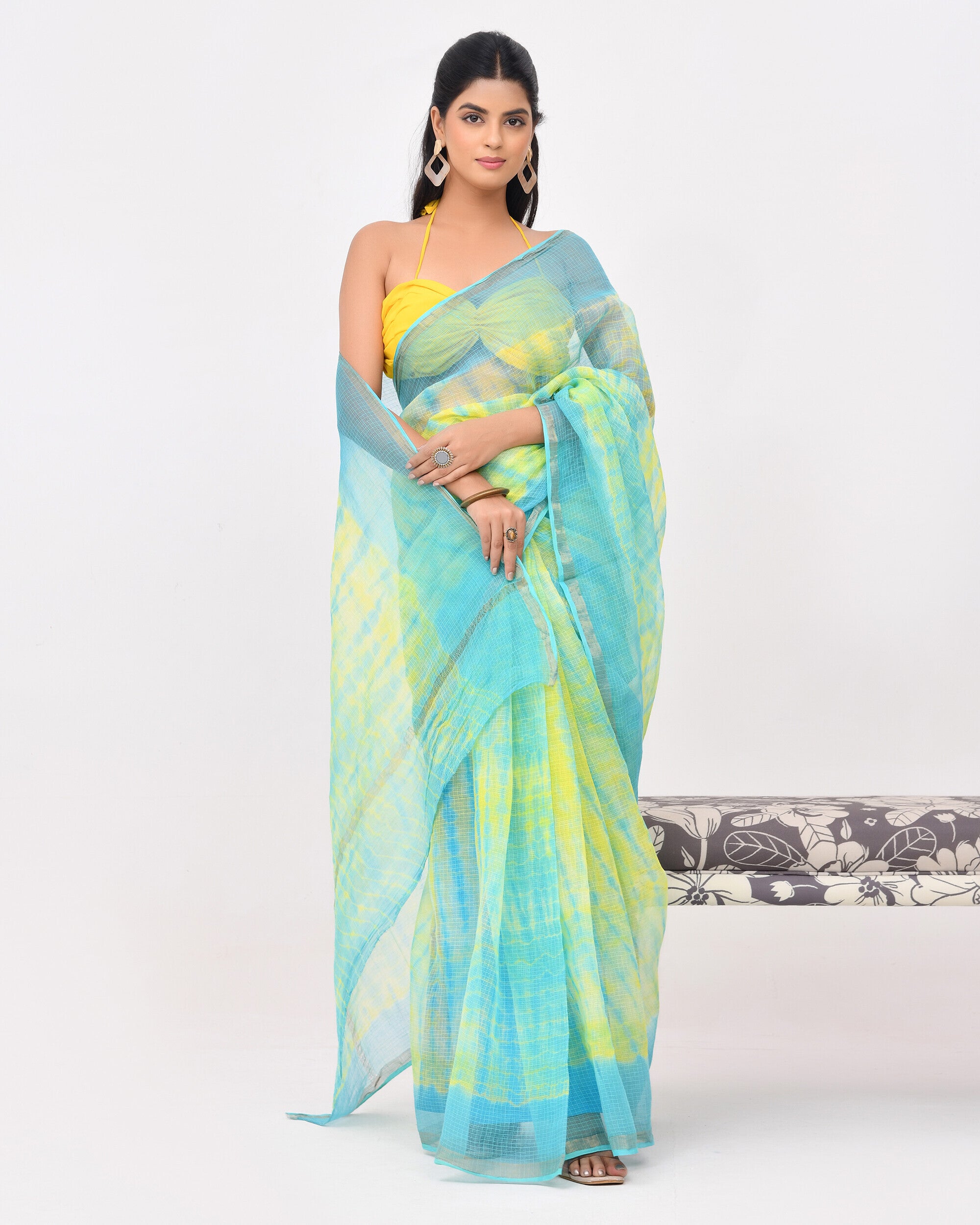 Rajnesa Traditional Block Print Kota Doria Cotton Saree - Lemon Yellow & Blue