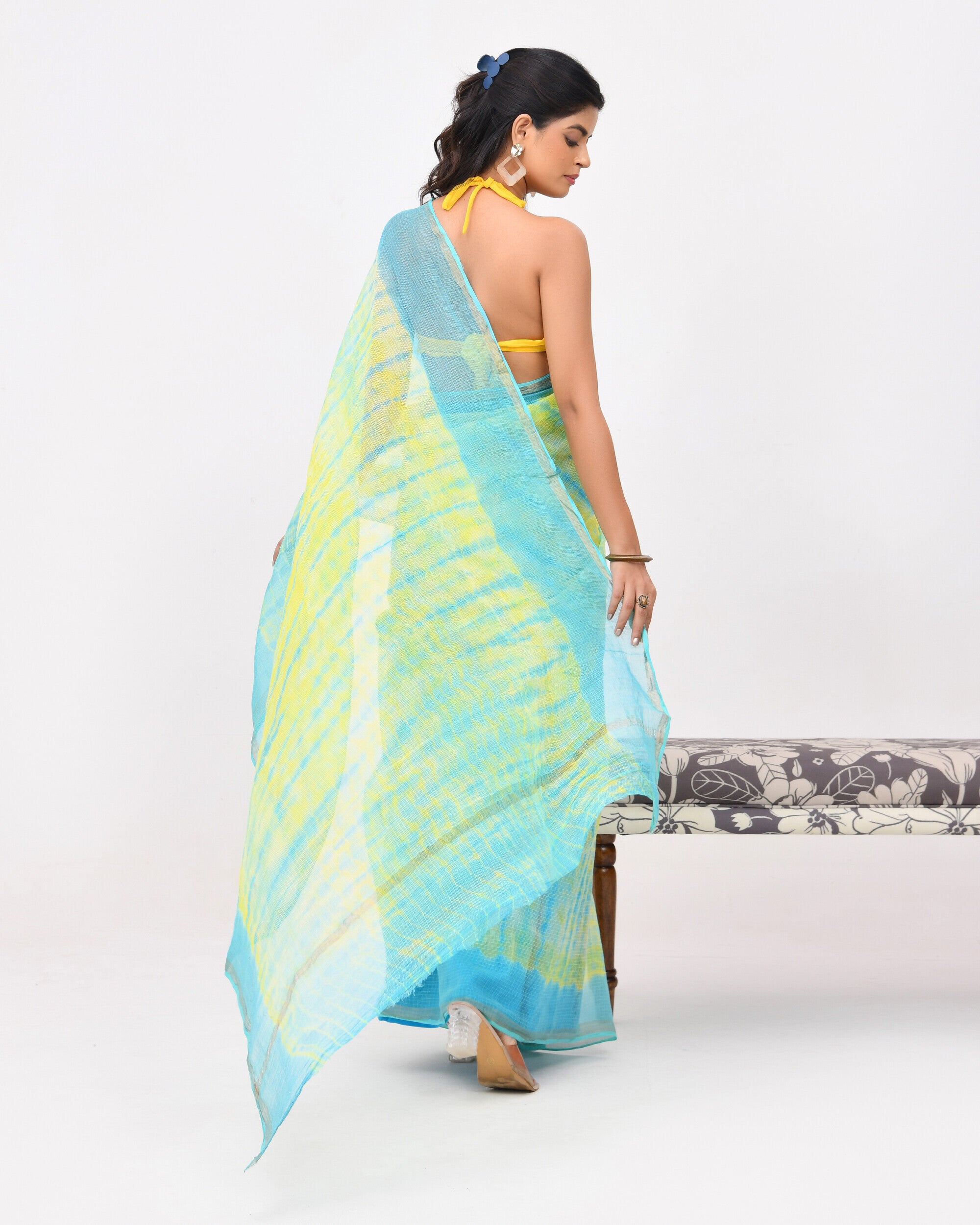 Rajnesa Traditional Block Print Kota Doria Cotton Saree - Lemon Yellow & Blue