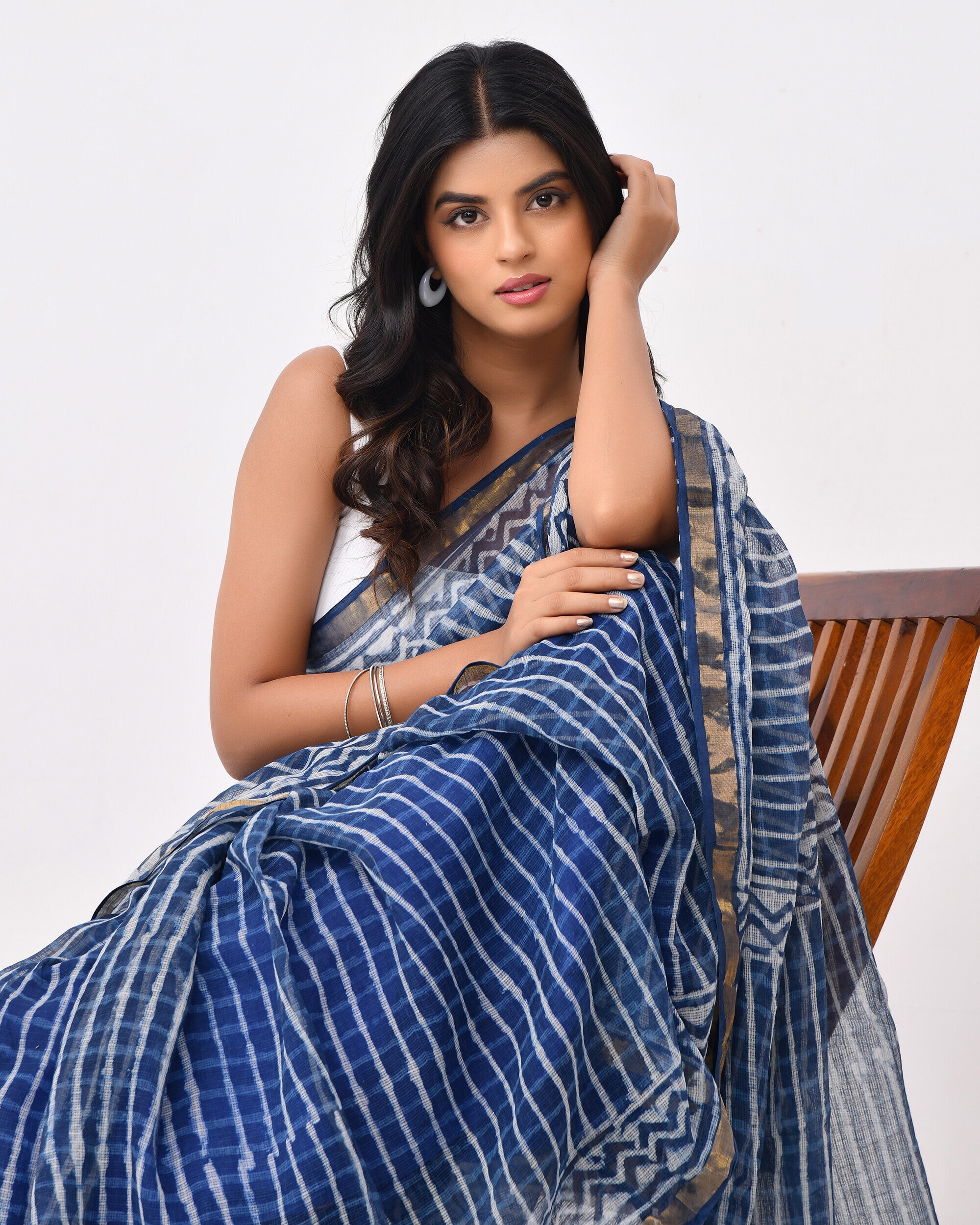 Rajnesa Traditional Block Print Kota Doria Cotton Saree - Indigo Stripes