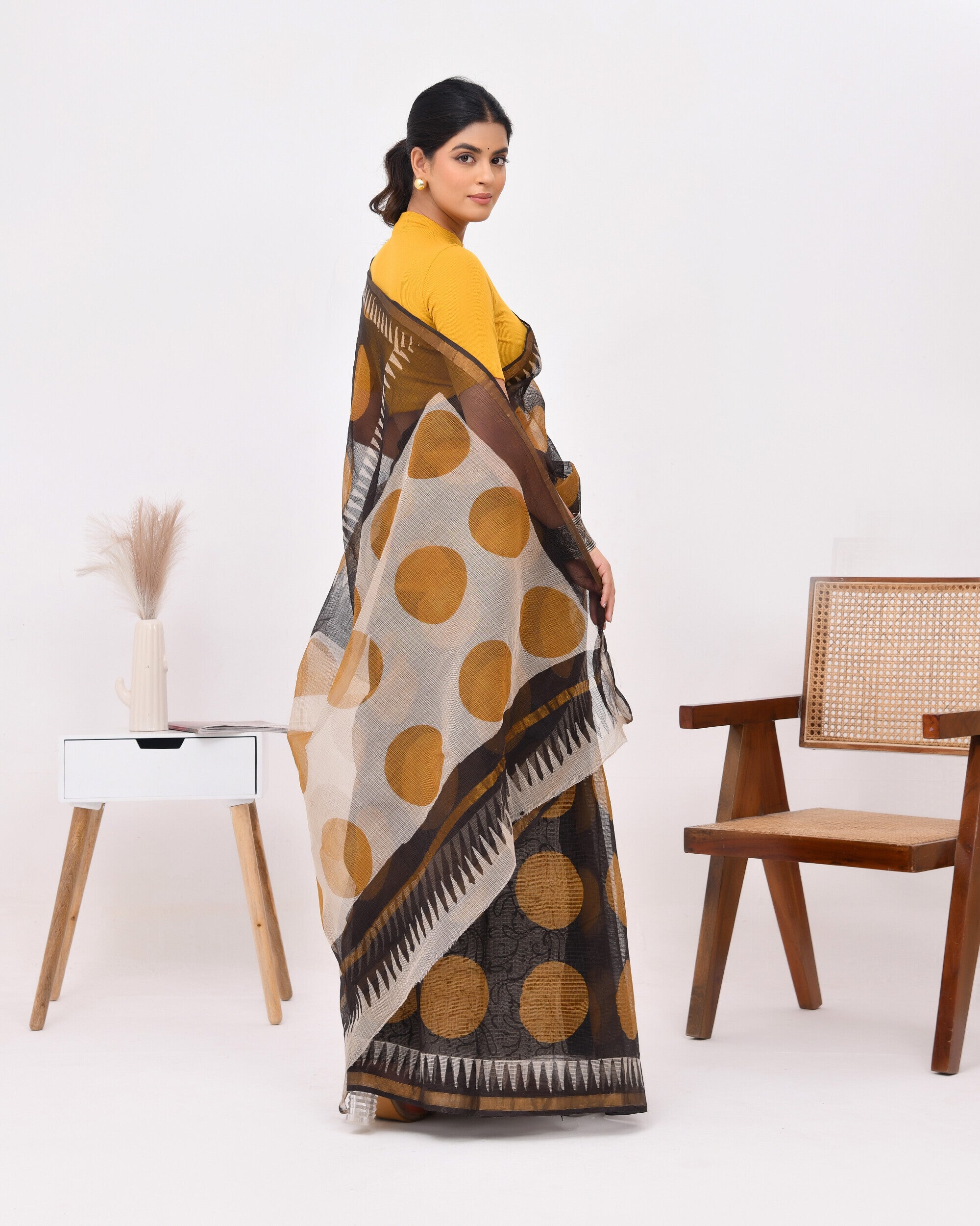 Rajnesa Traditional Block Print Kota Doria Cotton Saree - Black & Mustard