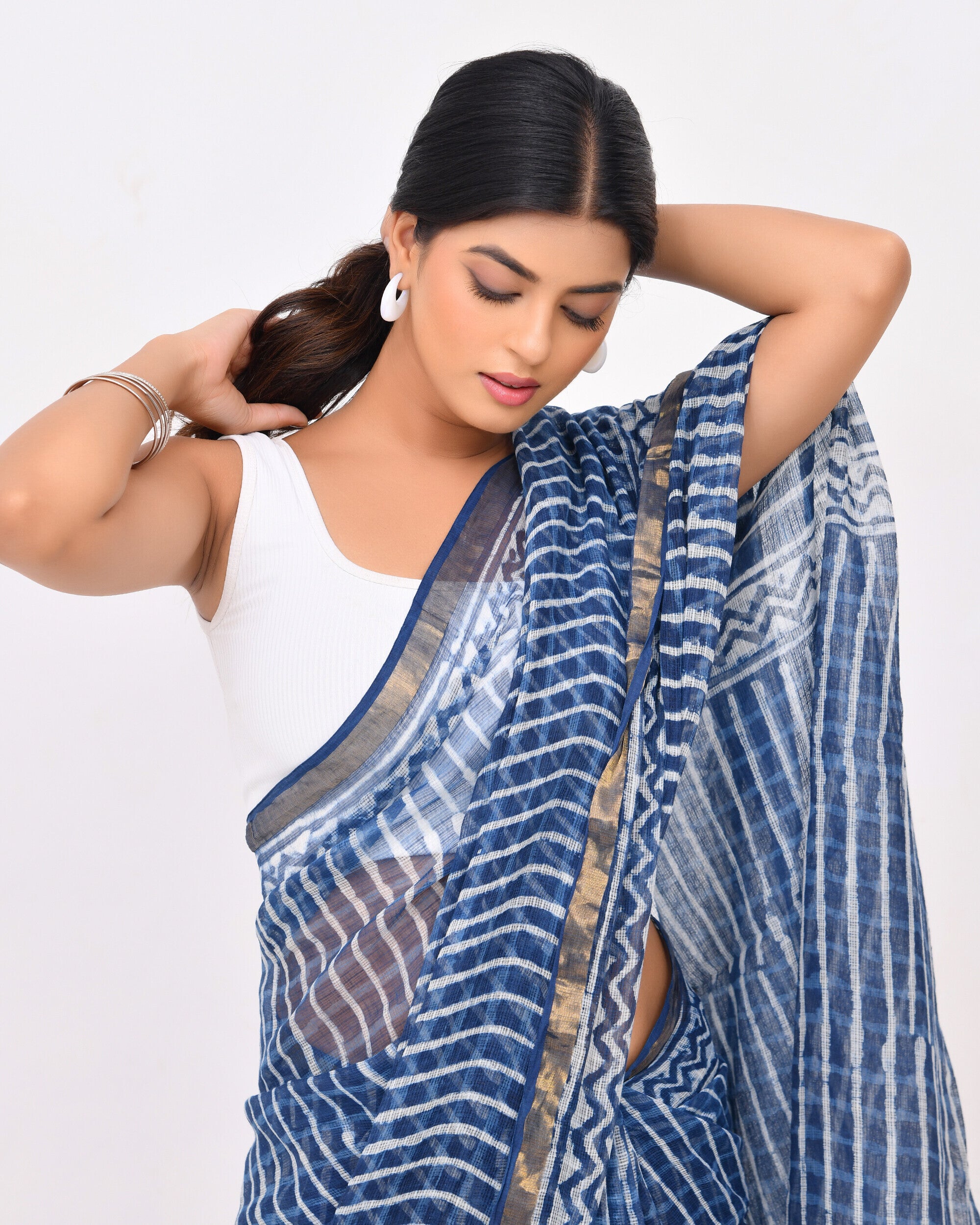 Rajnesa Traditional Block Print Kota Doria Cotton Saree - Indigo Stripes