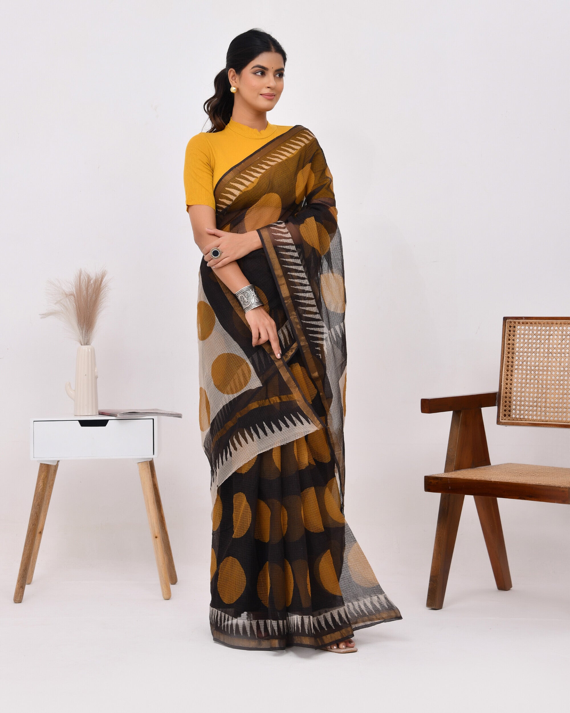 Black & Mustard Kota Doria Saree