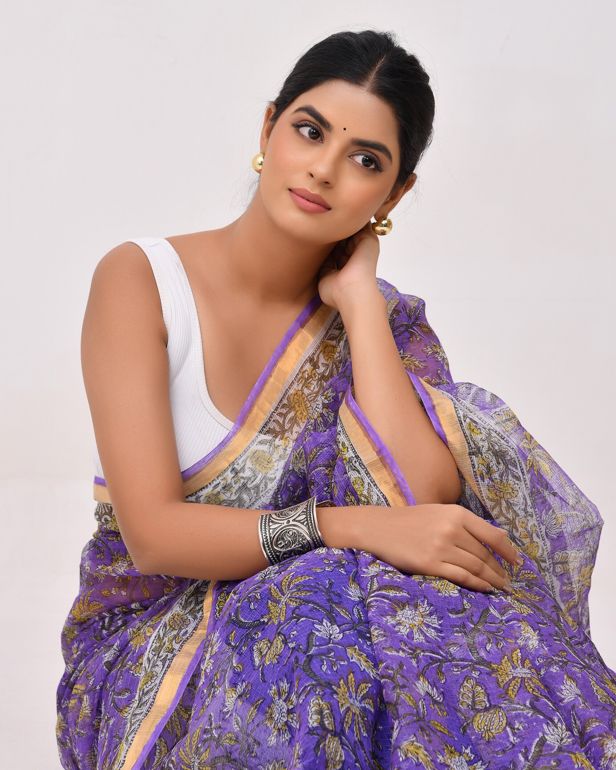 Rajnesa Traditional Block Print Kota Doria Cotton Saree - Lavender Jaal