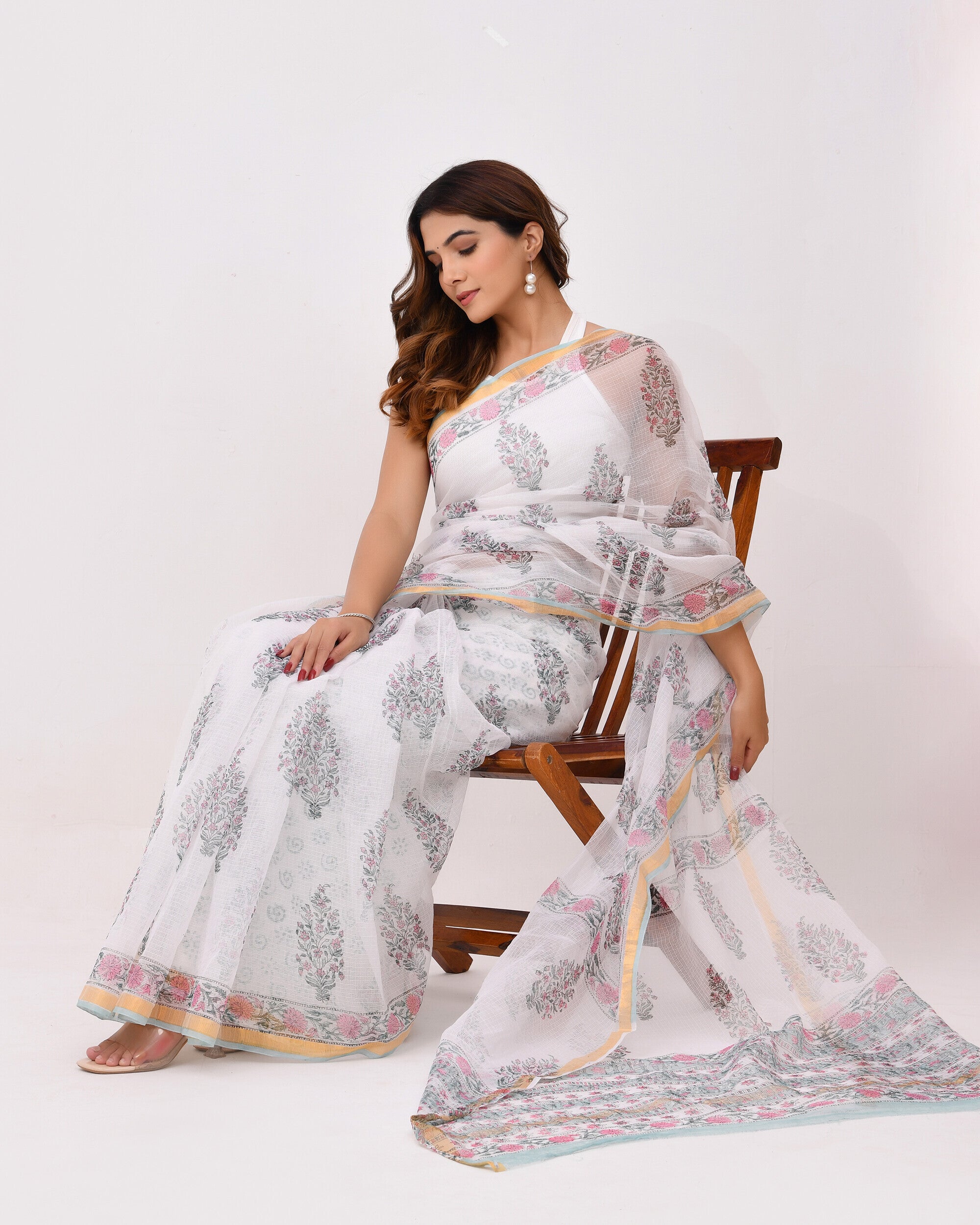 Rajnesa Traditional Block Print Kota Doria Cotton Saree - White Base