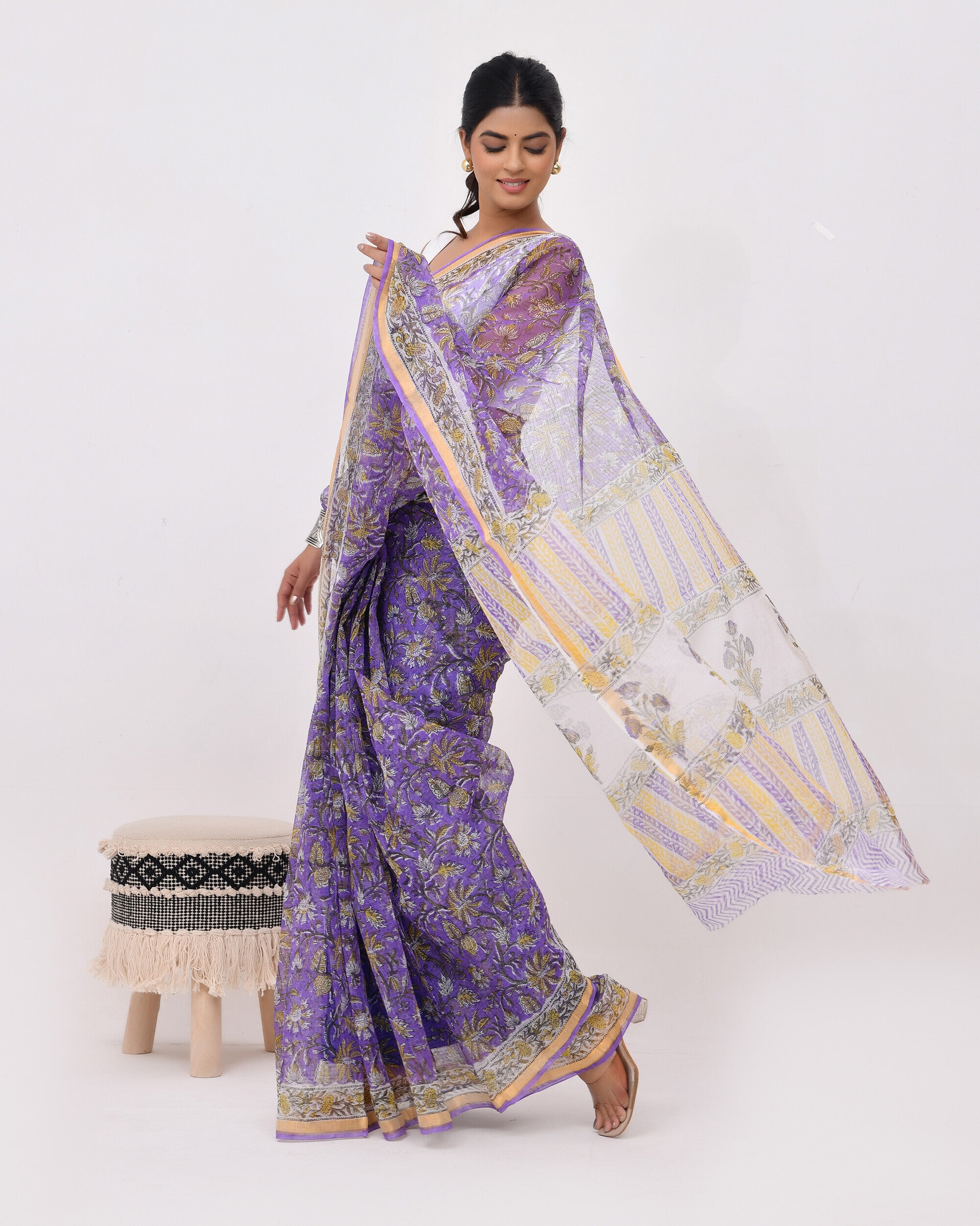 Rajnesa Traditional Block Print Kota Doria Cotton Saree - Lavender Jaal