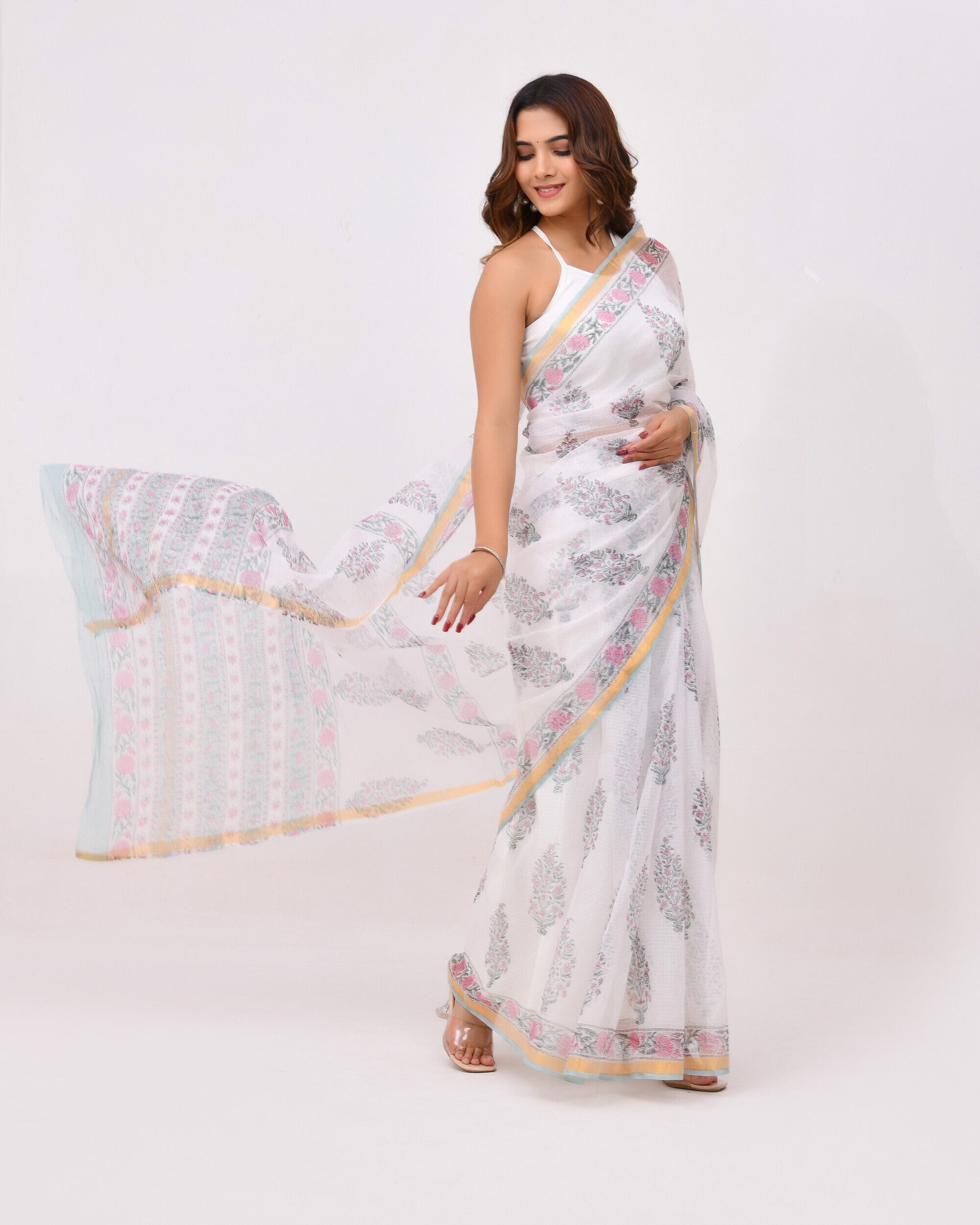 Rajnesa Traditional Block Print Kota Doria Cotton Saree - White Base