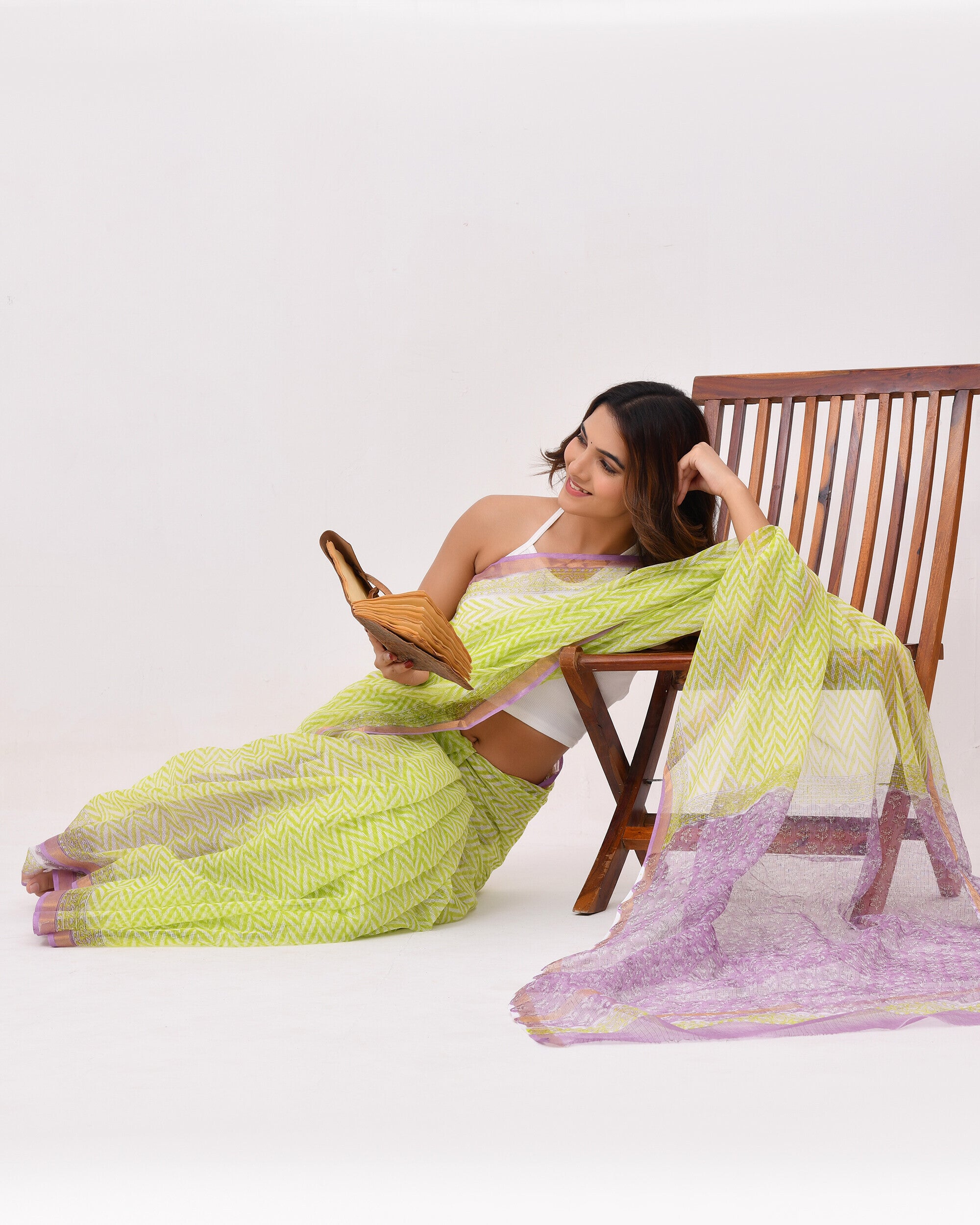 Rajnesa Traditional Block Print Kota Doria Cotton Saree - Lime Green & Lavender