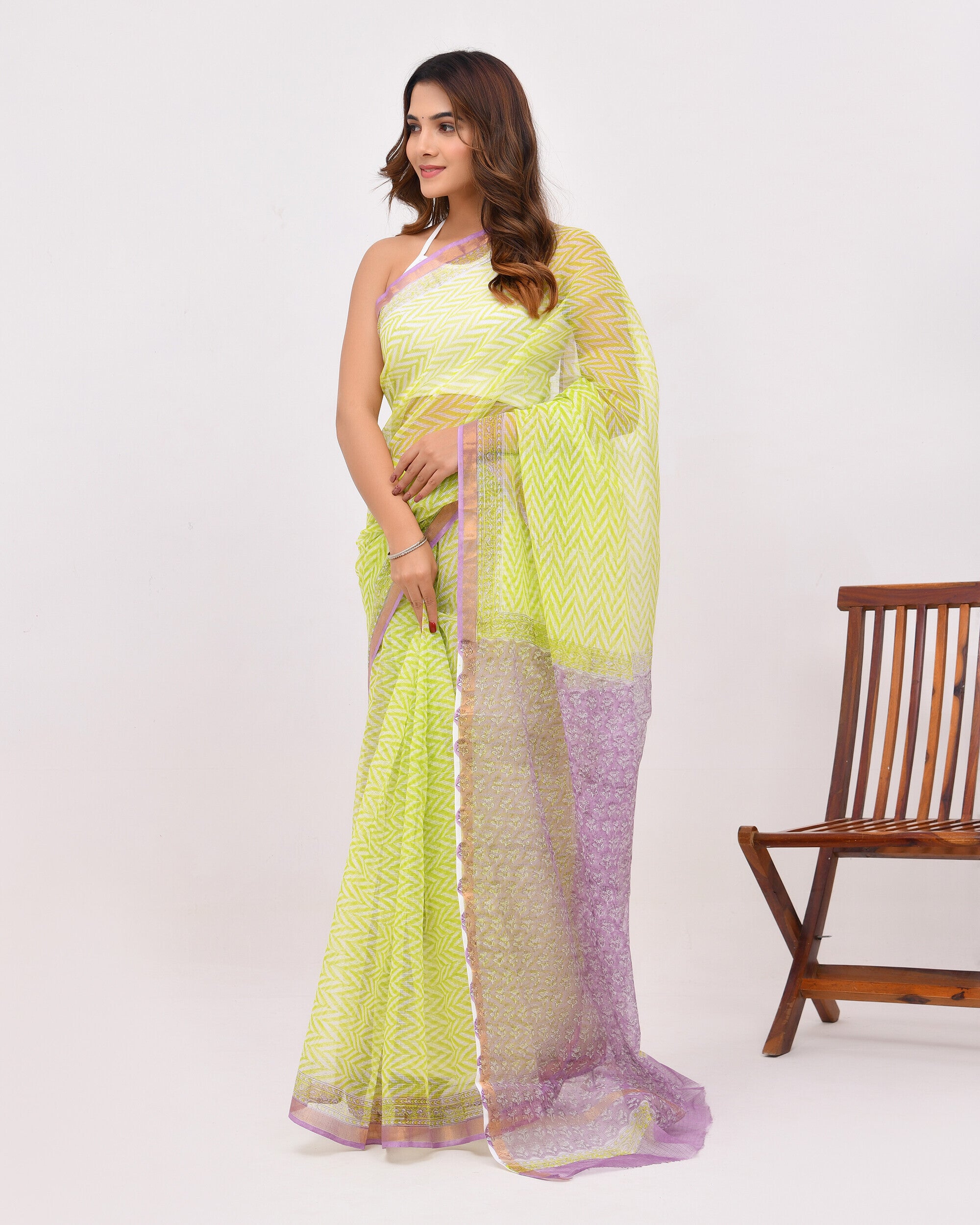Lime Green & Lavender Block Print Kota Saree