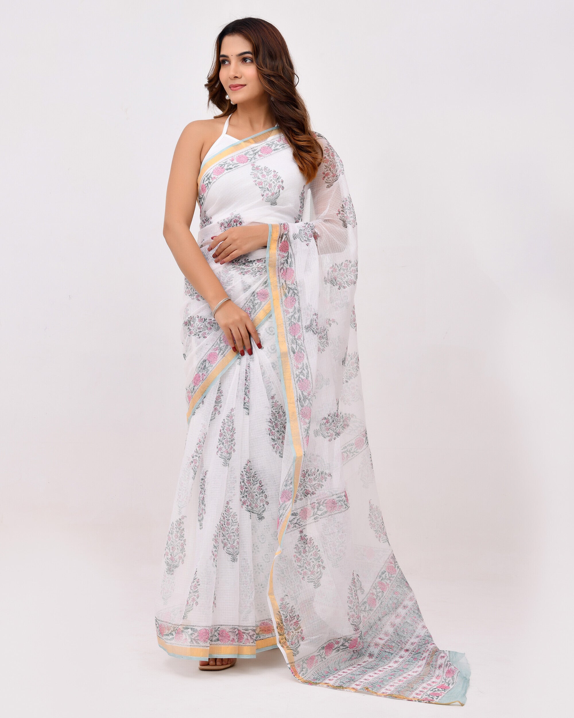 White Base Kota Doria Saree